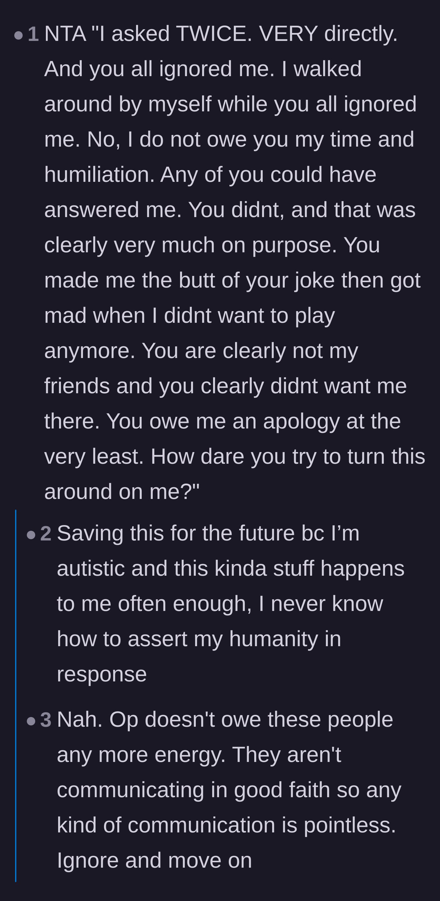 Comment thread 4 - A suggested fiery text response and a heartbreaking side conversation about neurodivergent people being taken advantage of by fake friends.