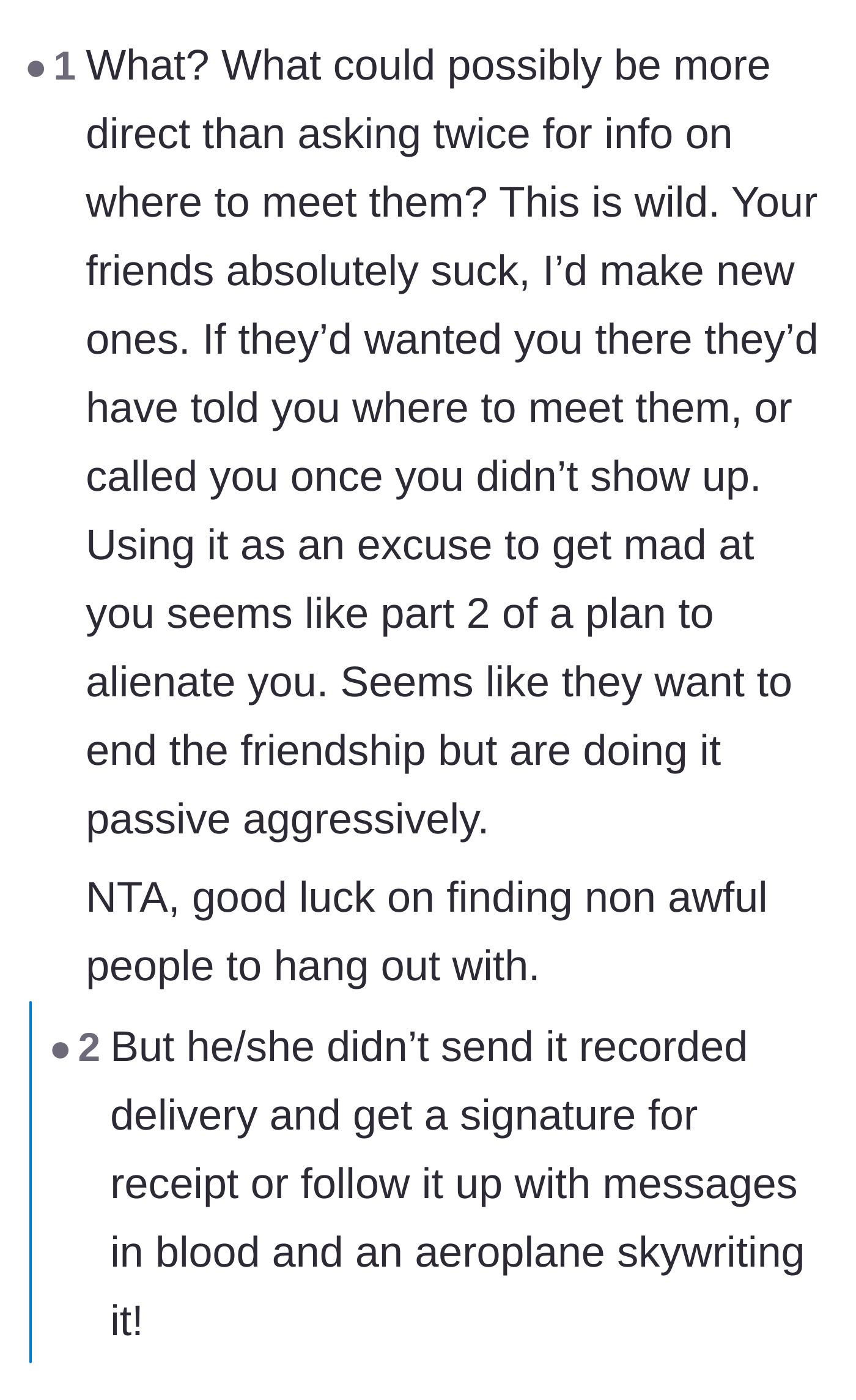 Comment thread 6 - Sarcastic replies joking about what it would actually take to be considered 'direct' with these awful friends.