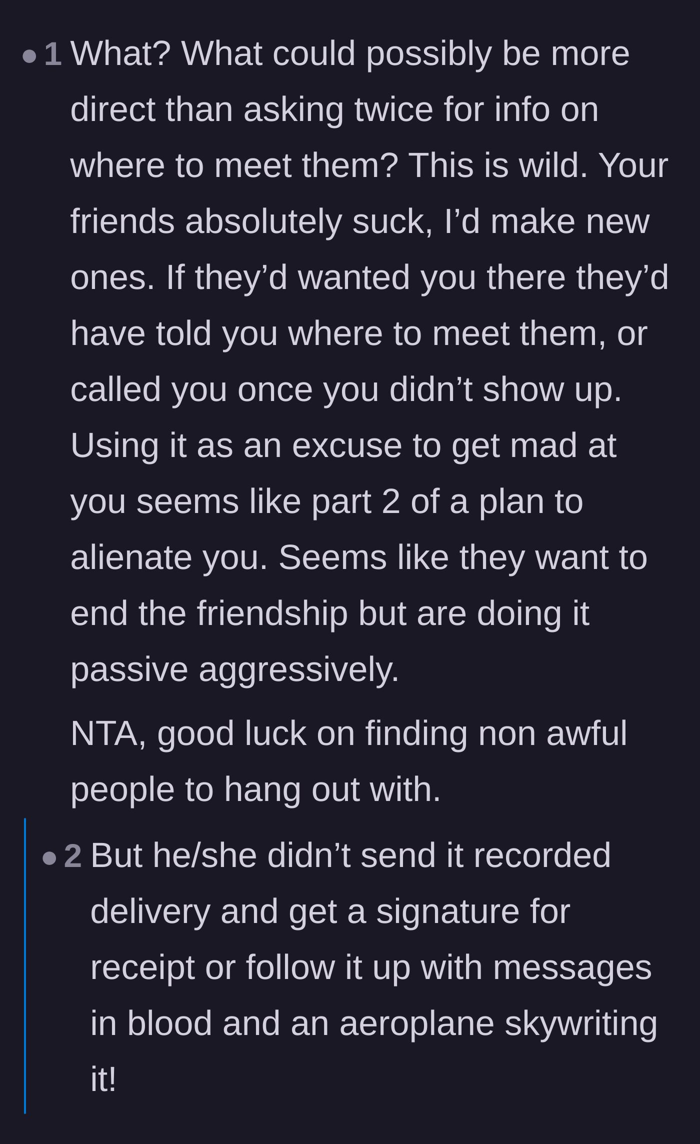 Comment thread 6 - Sarcastic replies joking about what it would actually take to be considered 'direct' with these awful friends.