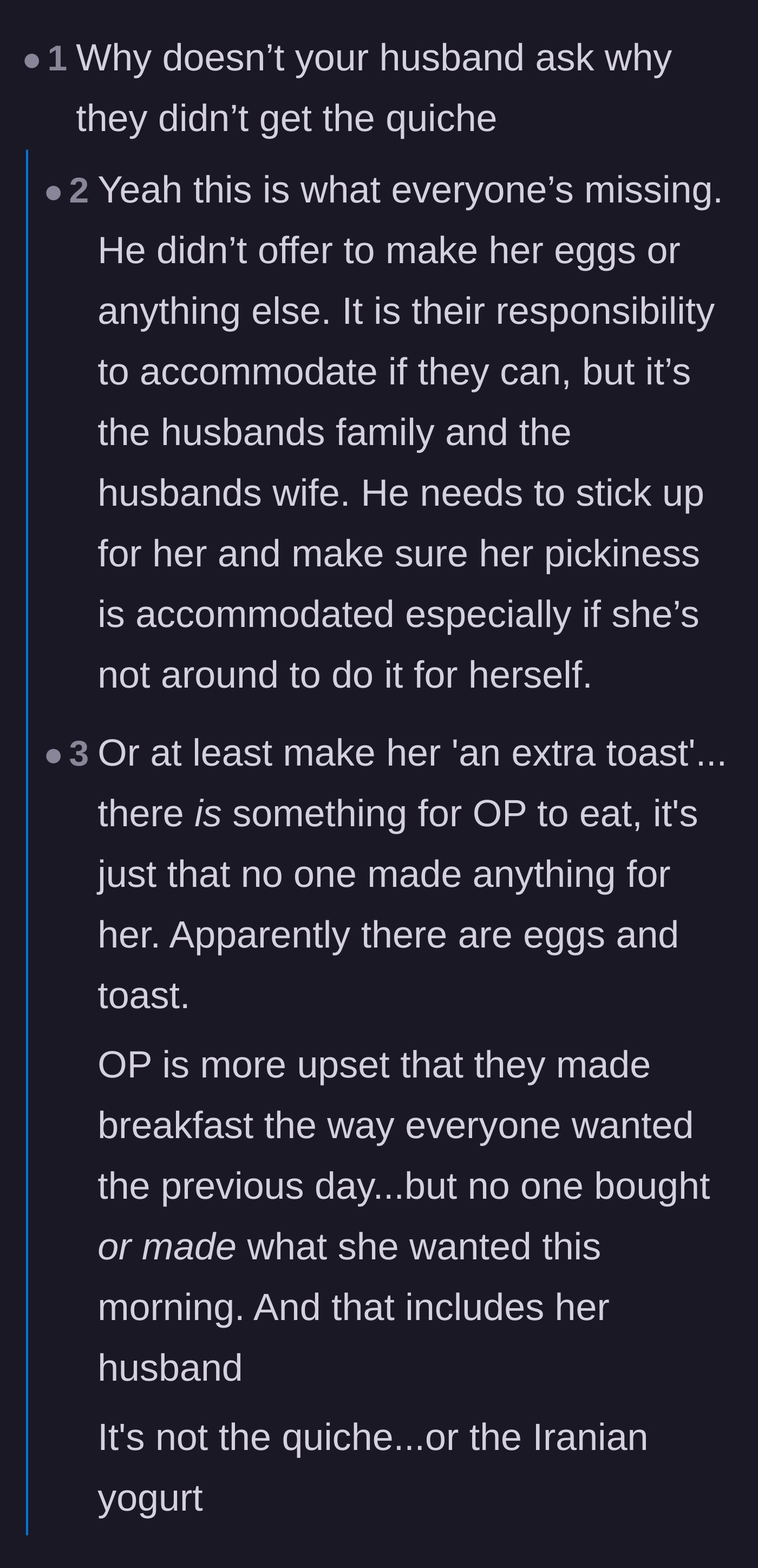 Comment thread 1 - A discussion about how the partner failed by not advocating for his girlfriend or cooking her an alternative meal.
