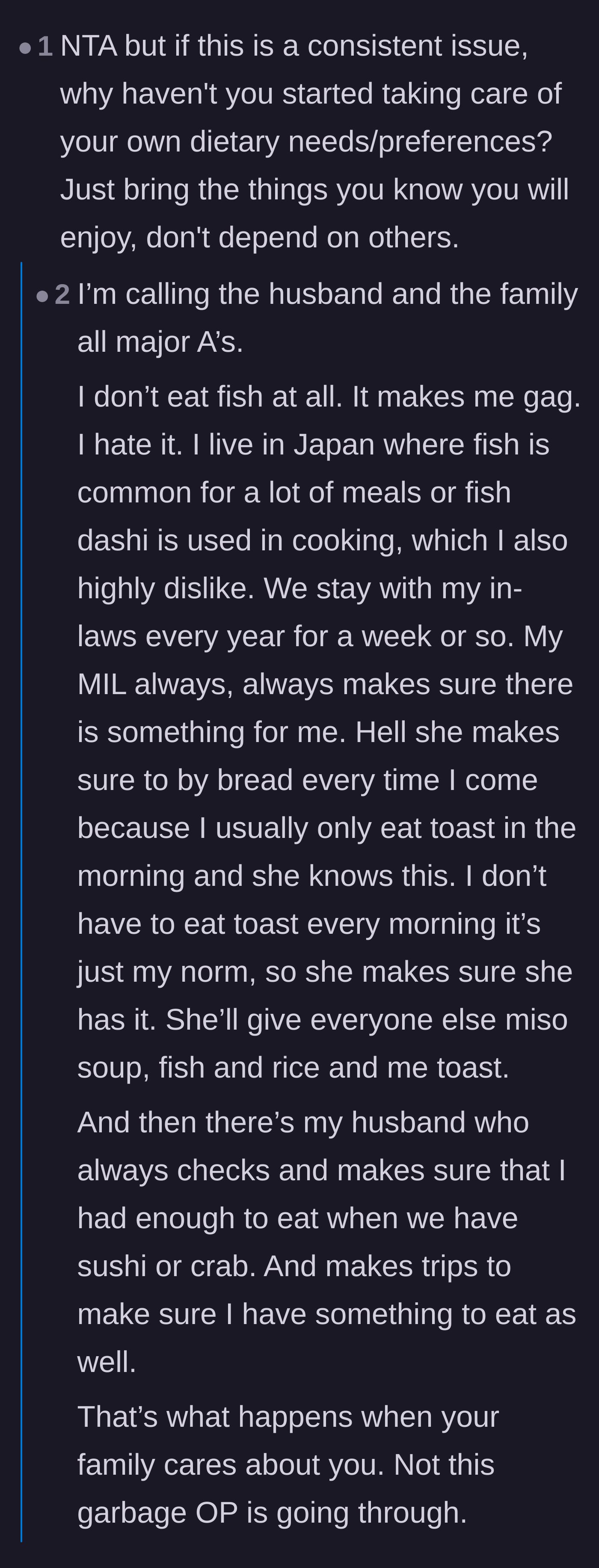 Comment thread 2 - Readers sharing personal stories of supportive partners and contrasting them with the in-laws' lack of basic hospitality.