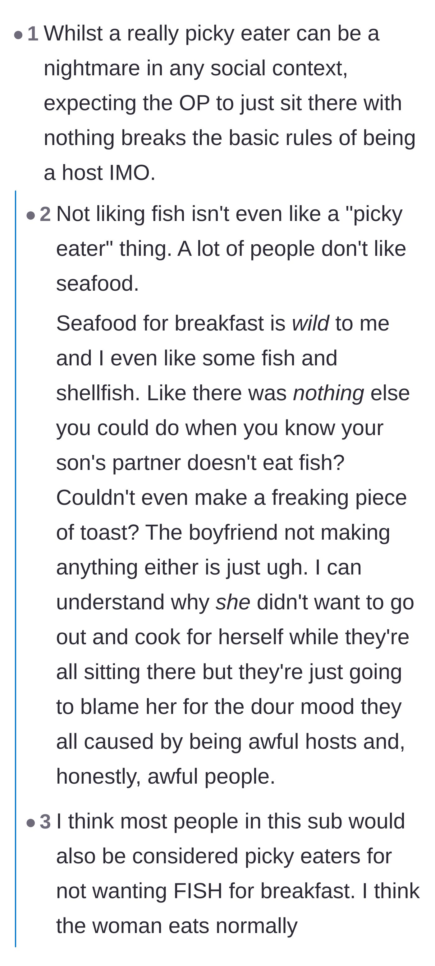 Comment thread 3 - A debate explaining that disliking fish for breakfast is a highly common preference and shouldn't be labeled as picky.