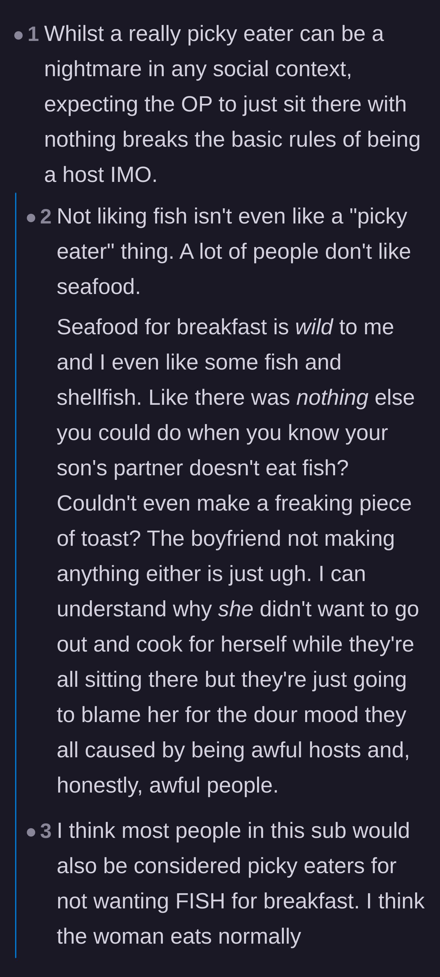 Comment thread 3 - A debate explaining that disliking fish for breakfast is a highly common preference and shouldn't be labeled as picky.