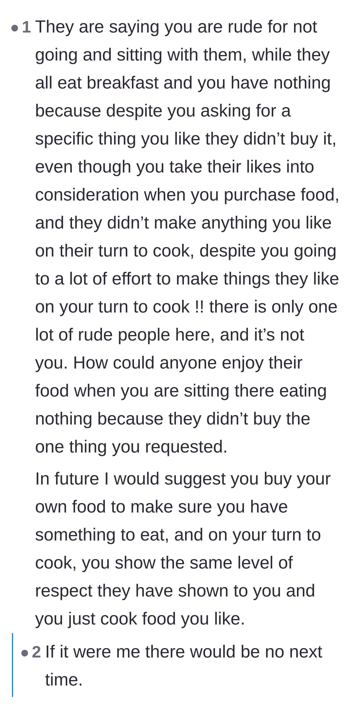 Comment thread 4 - Advice urging the narrator to stop cooking for the family and to reconsider her relationship with her unsupportive partner.