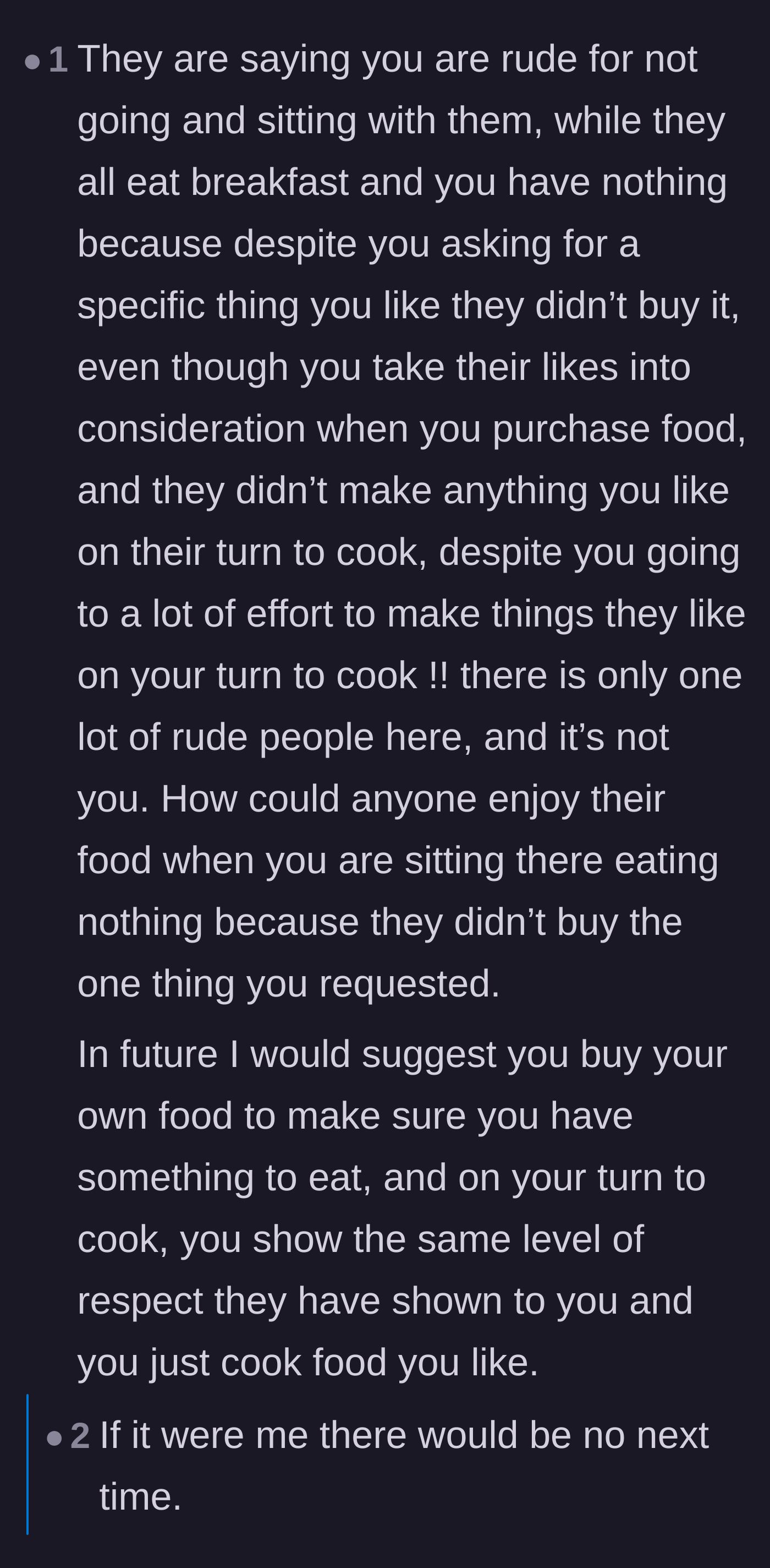 Comment thread 4 - Advice urging the narrator to stop cooking for the family and to reconsider her relationship with her unsupportive partner.
