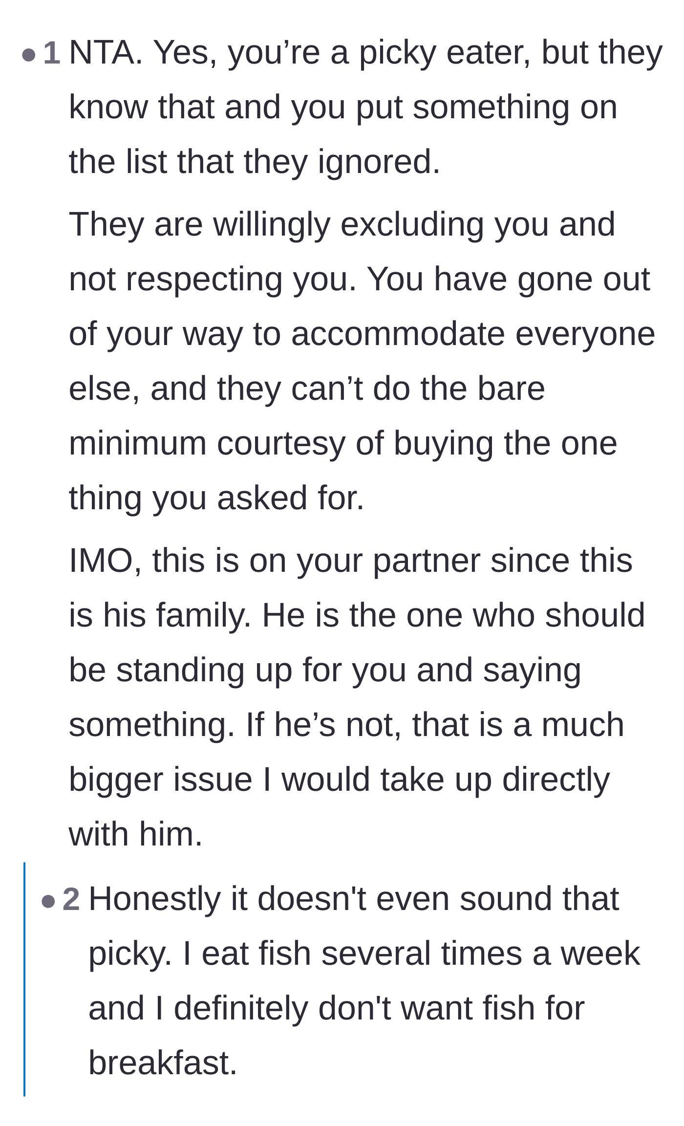 Comment thread 5 - Speculation that the in-laws are deliberately punishing the narrator for having different dietary preferences.