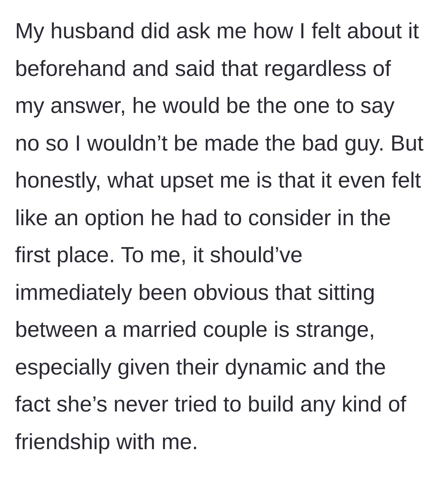 Story part 3 - A husband discussing the seating arrangement with his wife, who looks deeply hurt that it's even a conversation.