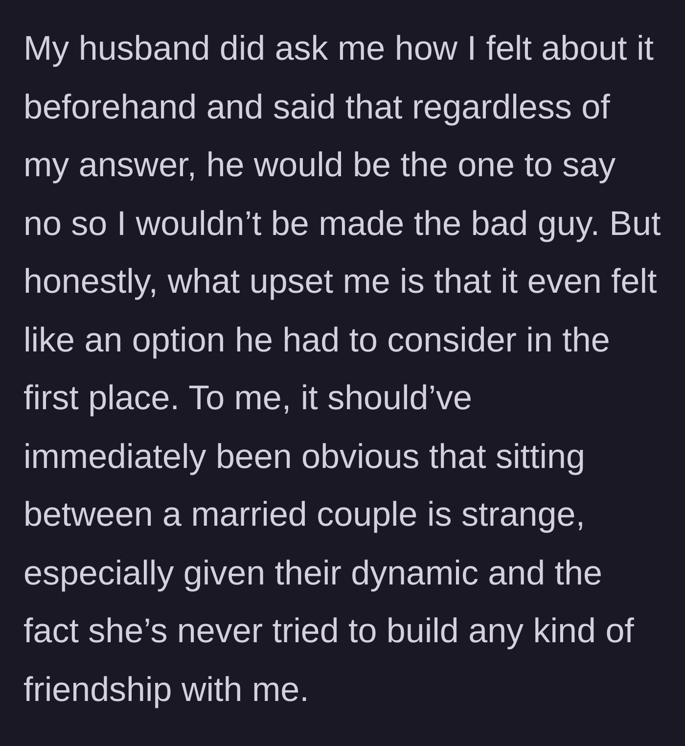 Story part 3 - A husband discussing the seating arrangement with his wife, who looks deeply hurt that it's even a conversation.