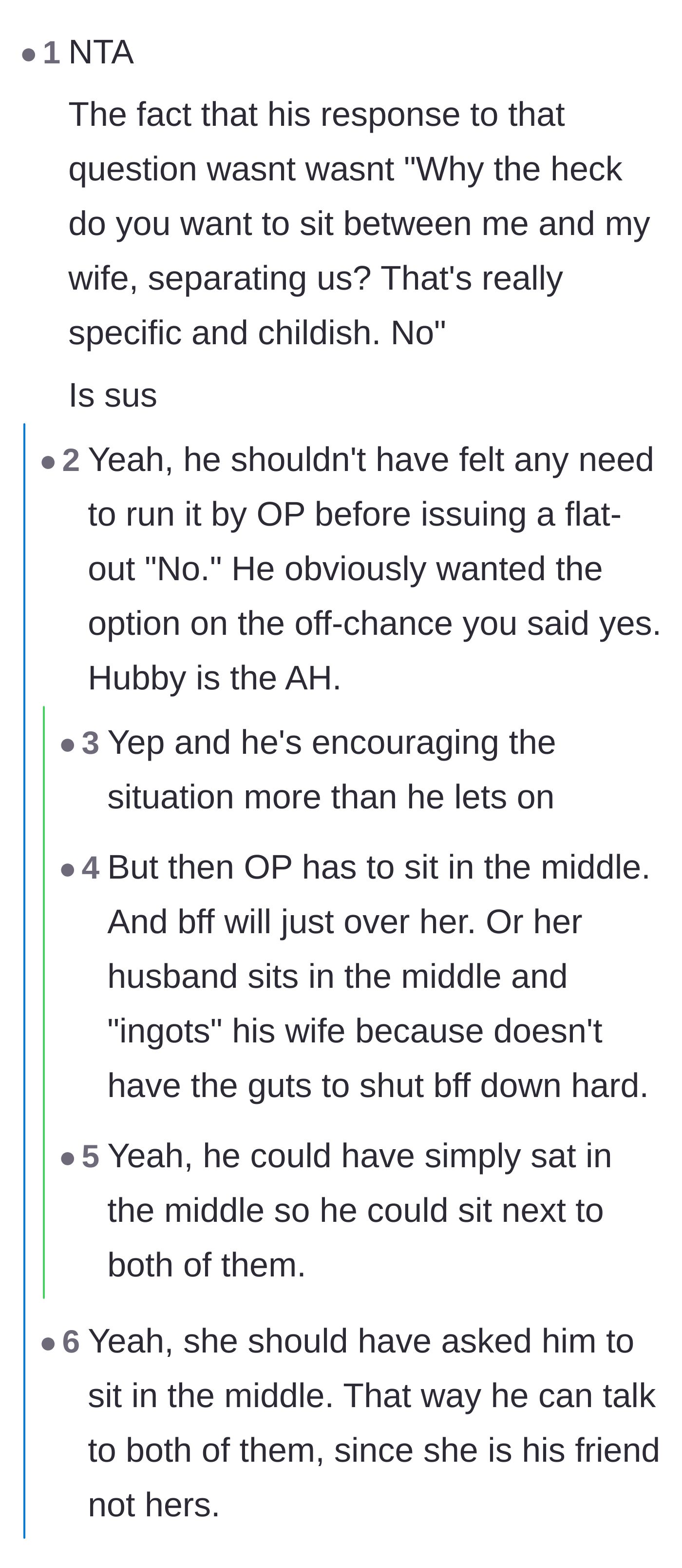 Comment thread 1 - Debating why the husband didn't immediately reject the seating request