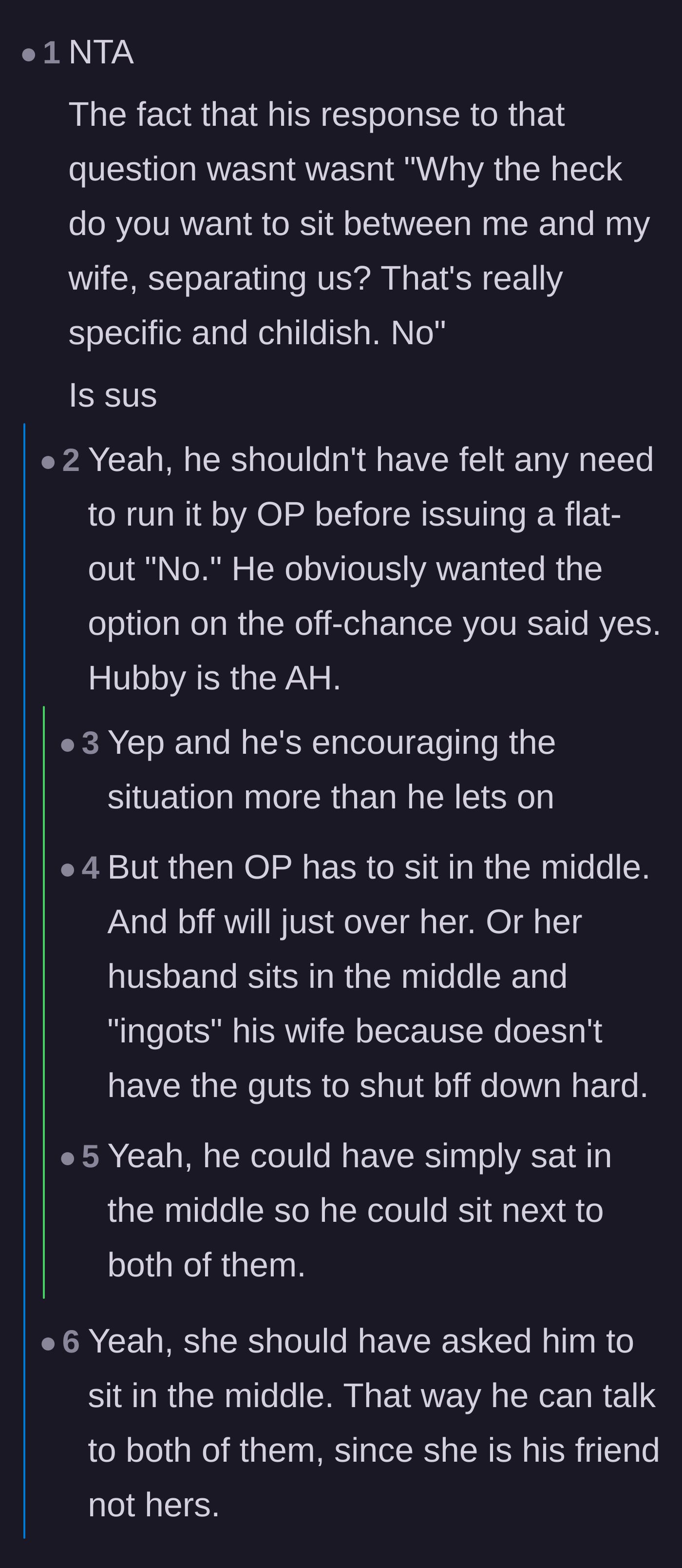 Comment thread 1 - Debating why the husband didn't immediately reject the seating request