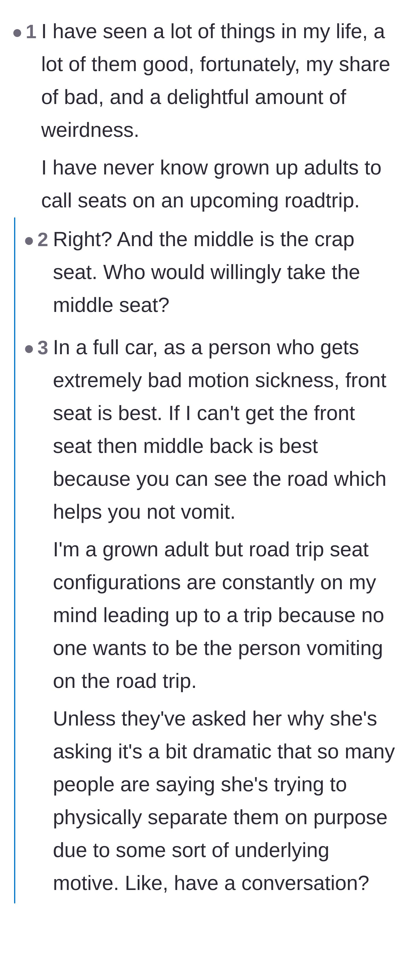 Comment thread 2 - Discussing how strange it is for grown adults to call the middle seat in a car