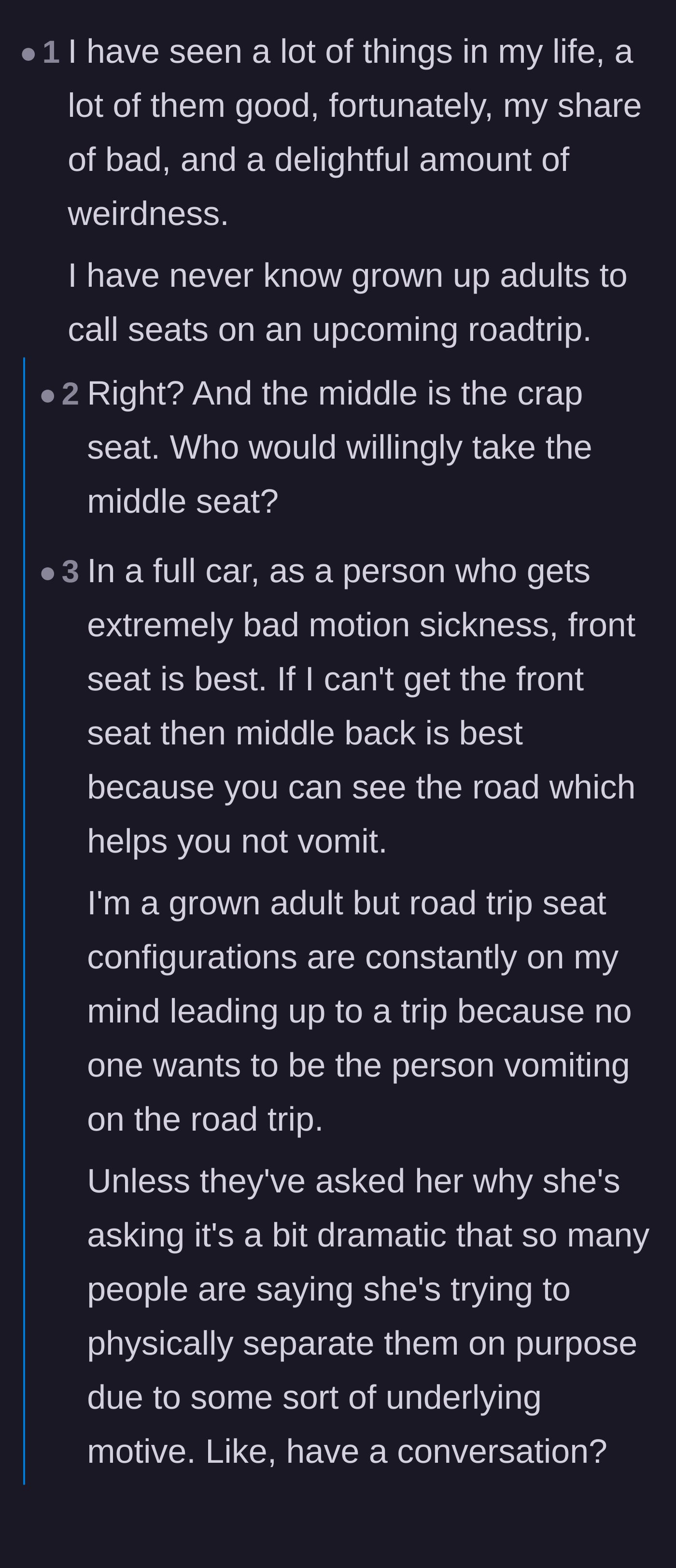 Comment thread 2 - Discussing how strange it is for grown adults to call the middle seat in a car