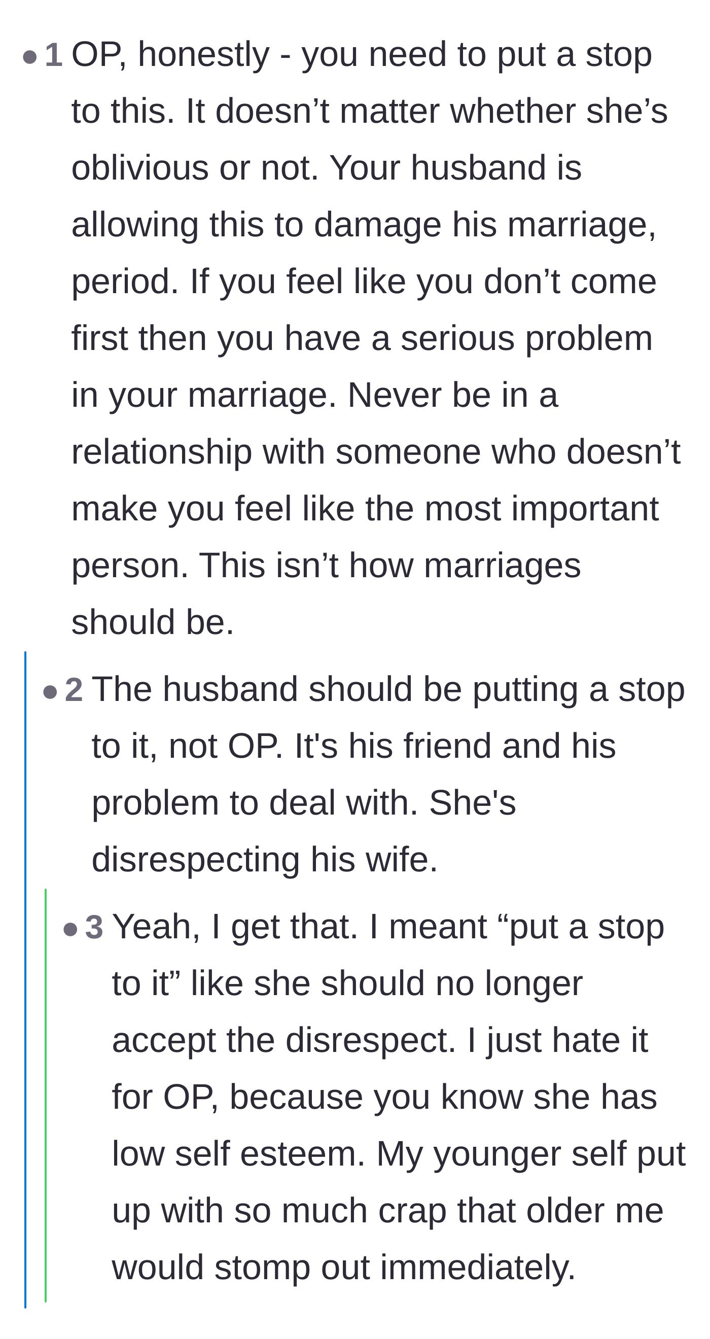 Comment thread 3 - Urging the wife to stop accepting disrespect and recognize her husband's role in the problem