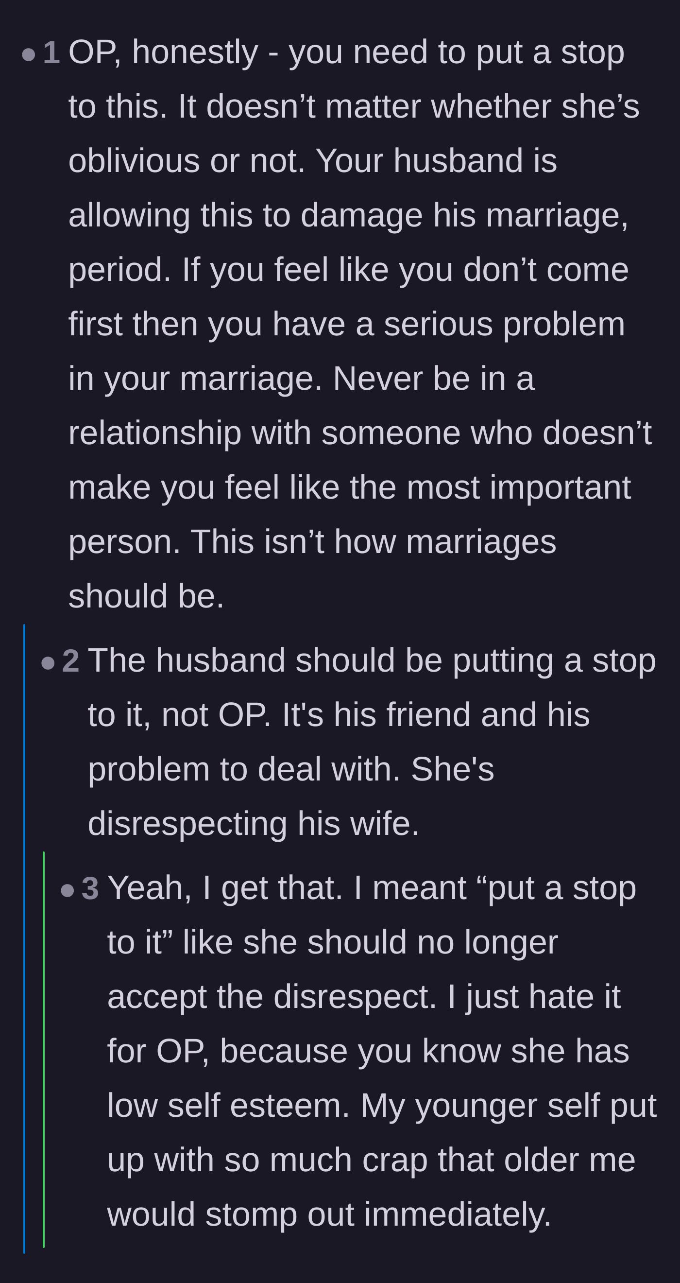 Comment thread 3 - Urging the wife to stop accepting disrespect and recognize her husband's role in the problem