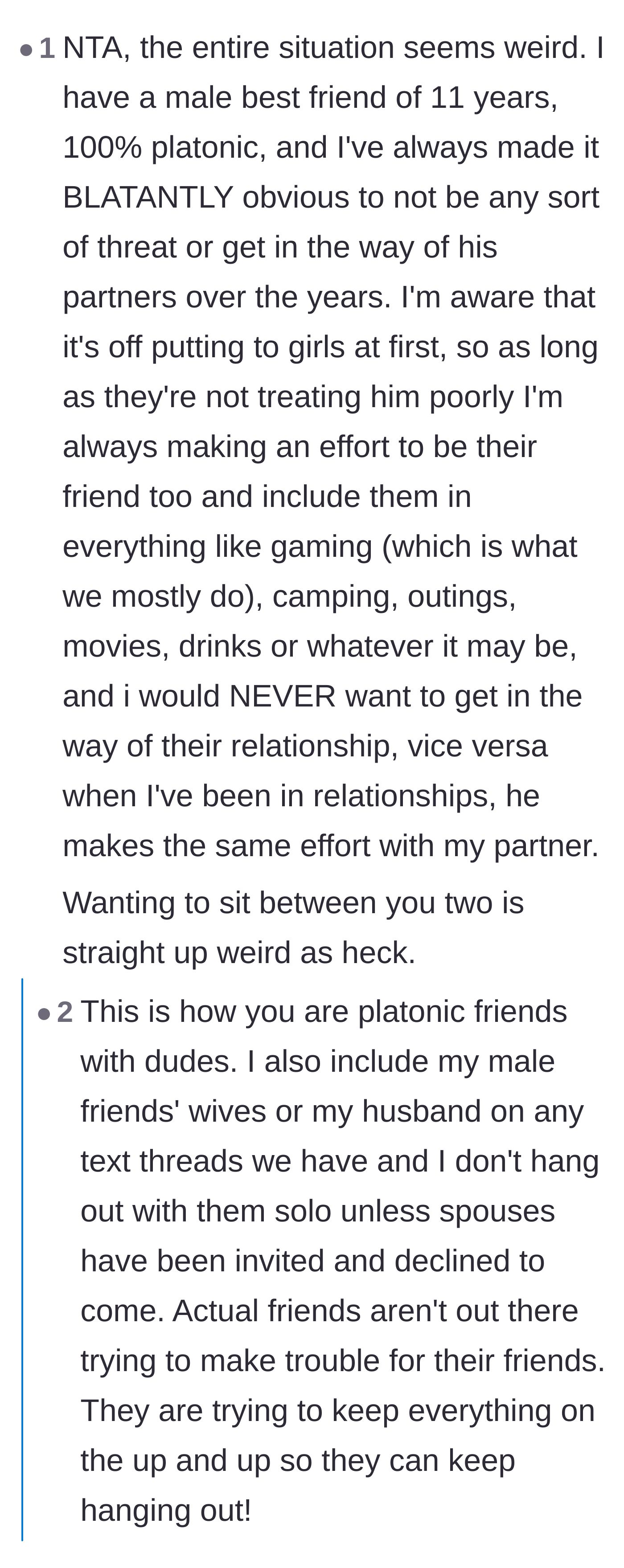Comment thread 4 - A woman explaining how she goes out of her way to include her male best friend's partners