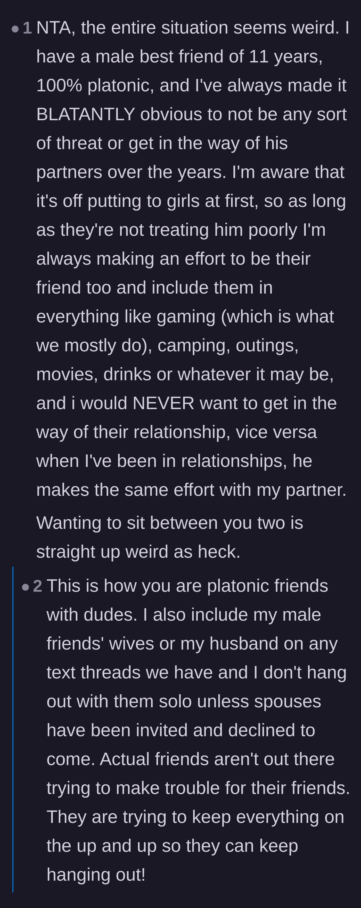Comment thread 4 - A woman explaining how she goes out of her way to include her male best friend's partners