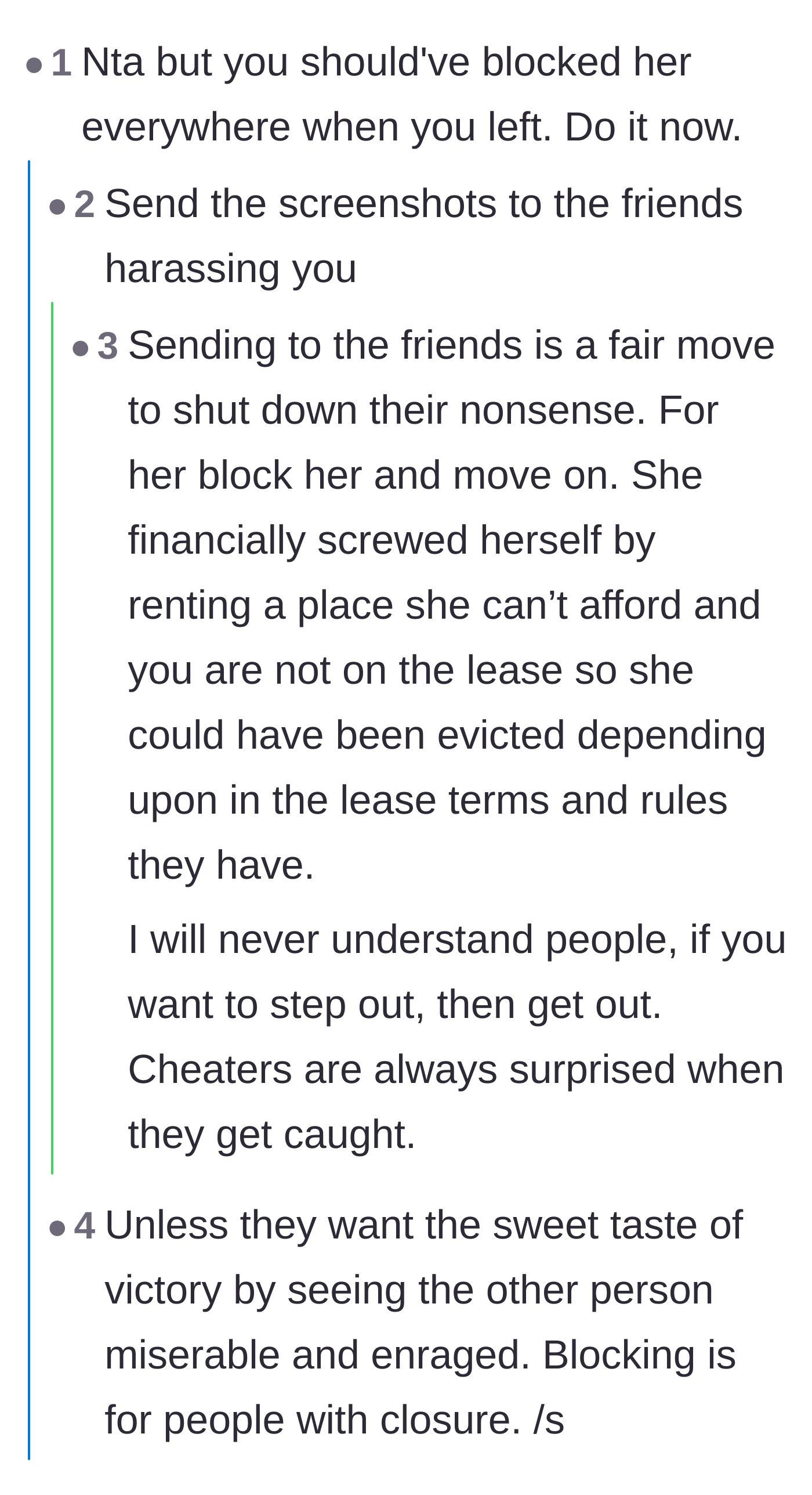 Comment thread 2 - Advice on blocking the ex and securing the narrative before lies spread.