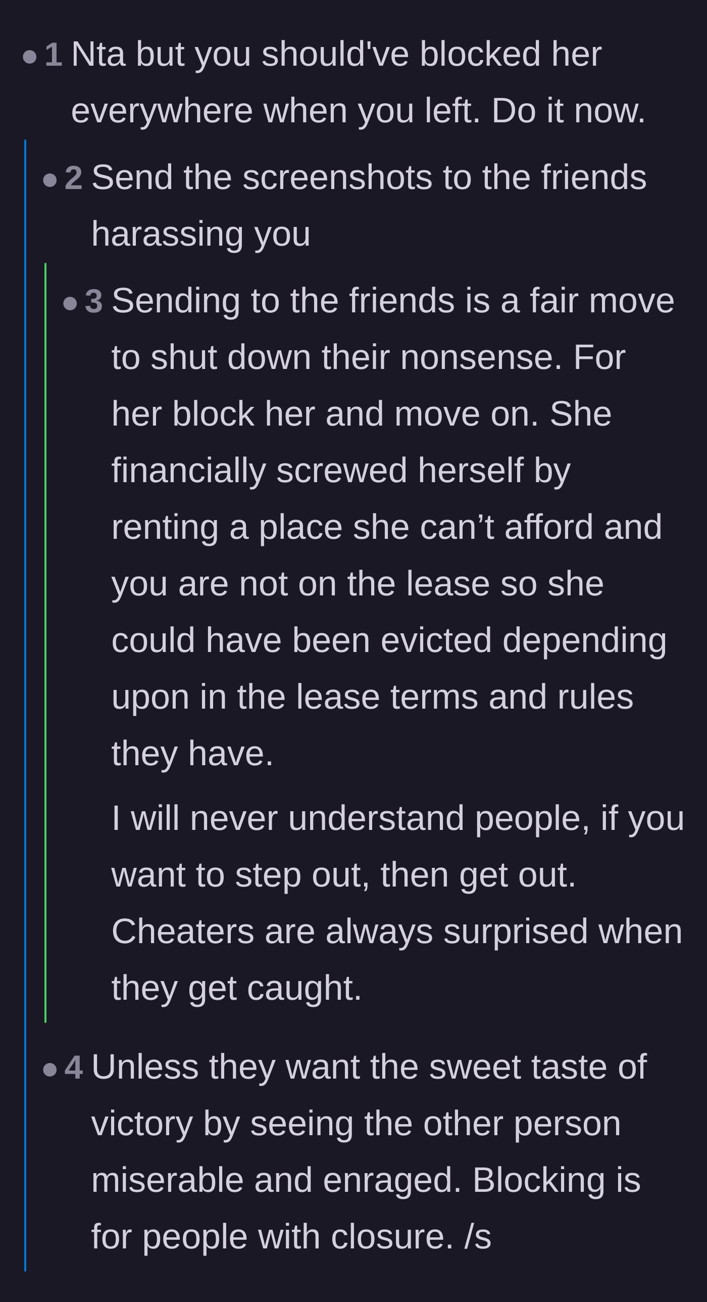 Comment thread 2 - Advice on blocking the ex and securing the narrative before lies spread.