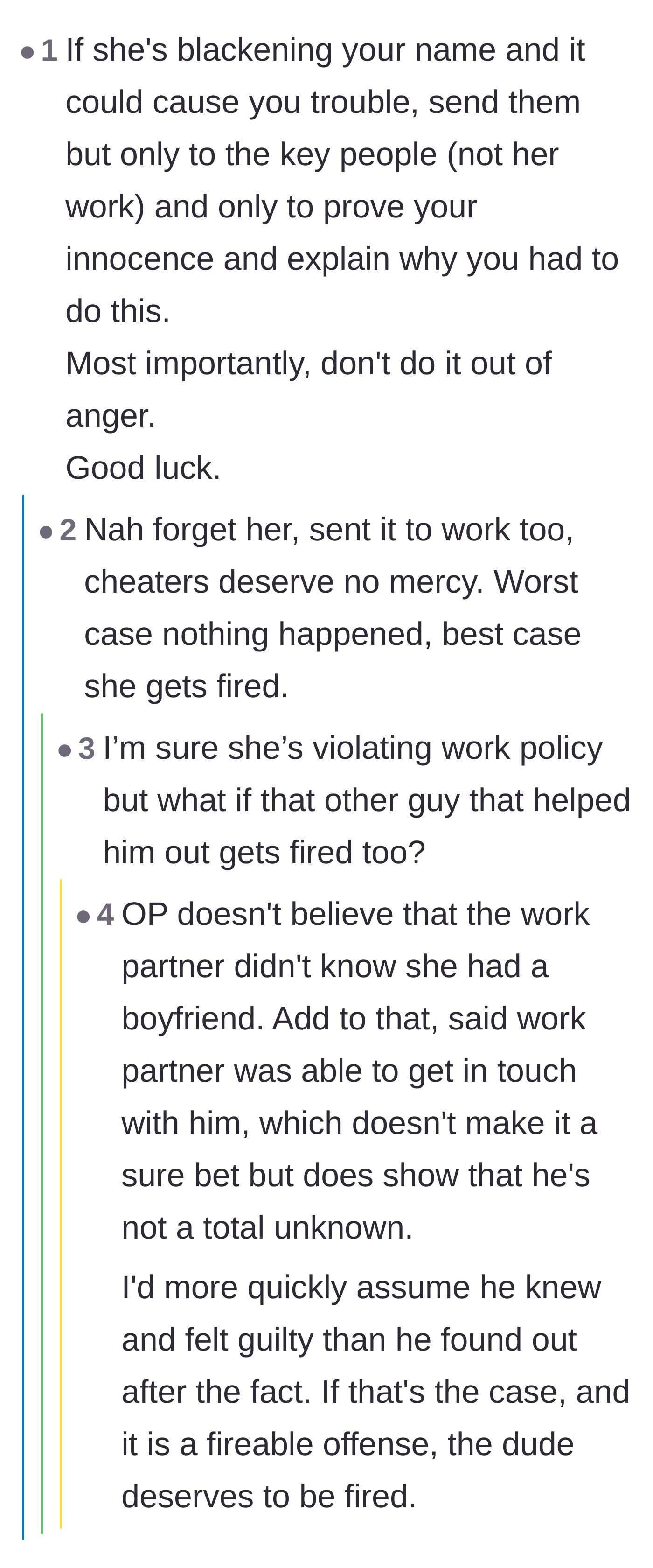 Comment thread 3 - Disagreement over whether to report the affair to her employer or just keep it among friends.