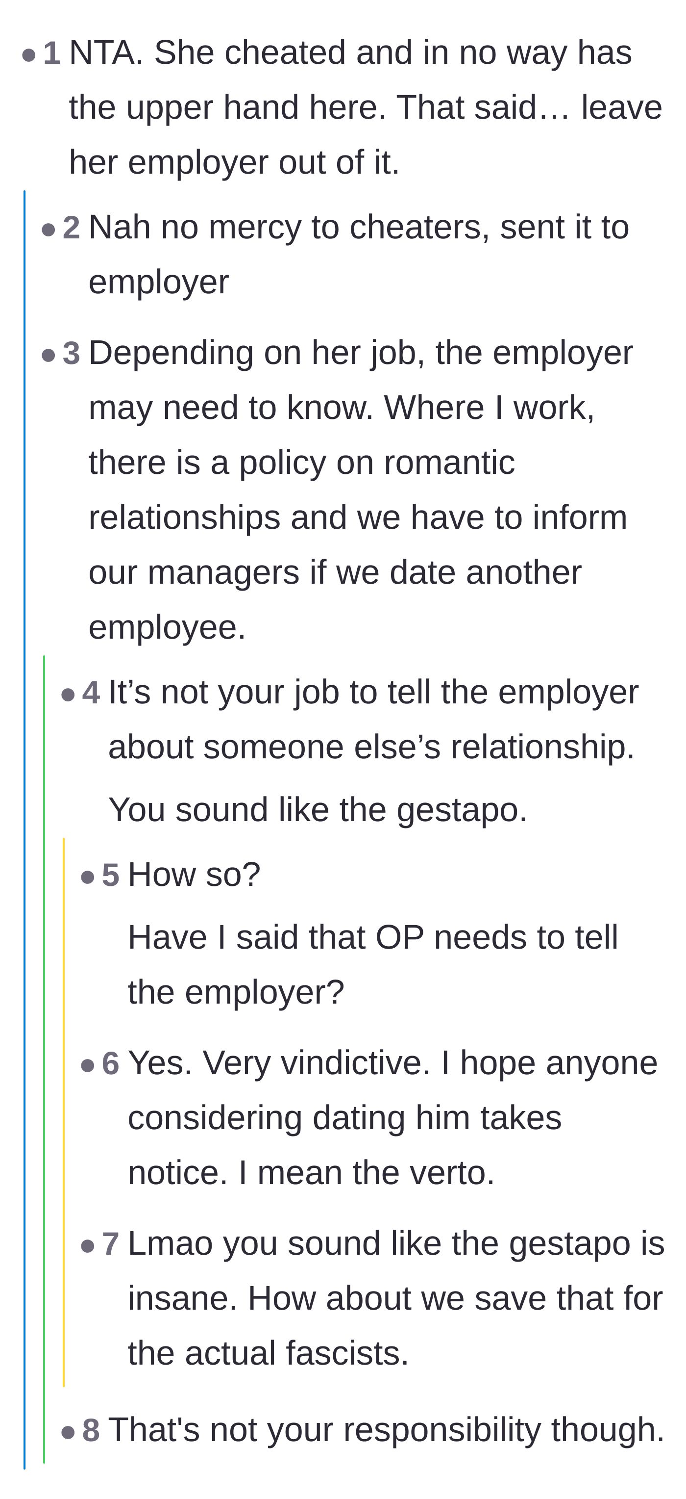 Comment thread 4 - Arguments about the ethics and necessity of involving HR in personal relationship fallout.