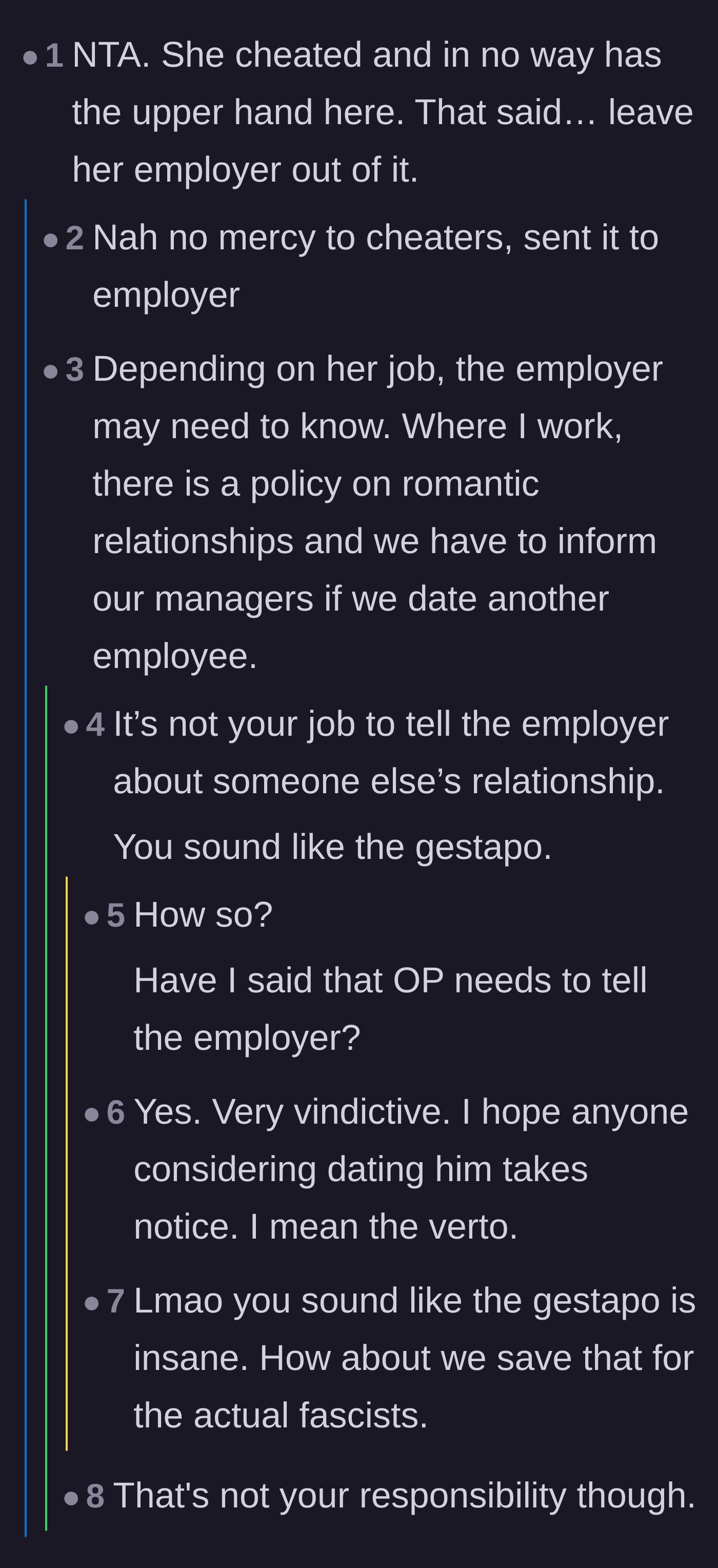 Comment thread 4 - Arguments about the ethics and necessity of involving HR in personal relationship fallout.
