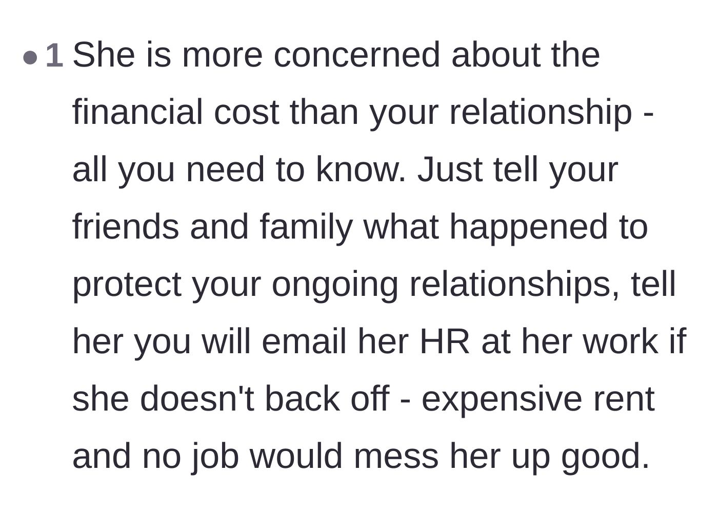 Comment thread 5 - Analysis of her financial panic and using the threat of HR as leverage.