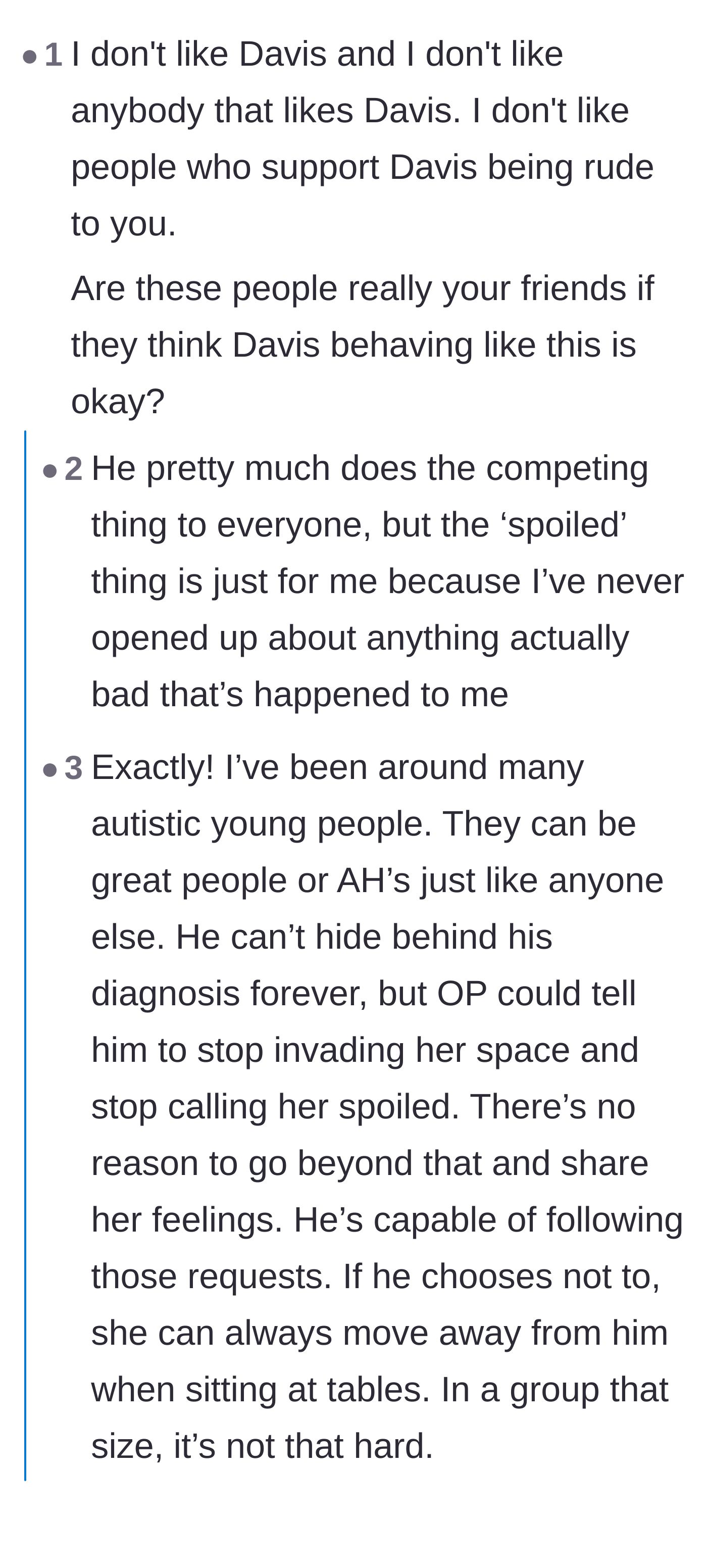 Comment thread 1 - Autistic commenters explain the difference between trying to relate to a story and weaponizing a diagnosis to be a jerk.
