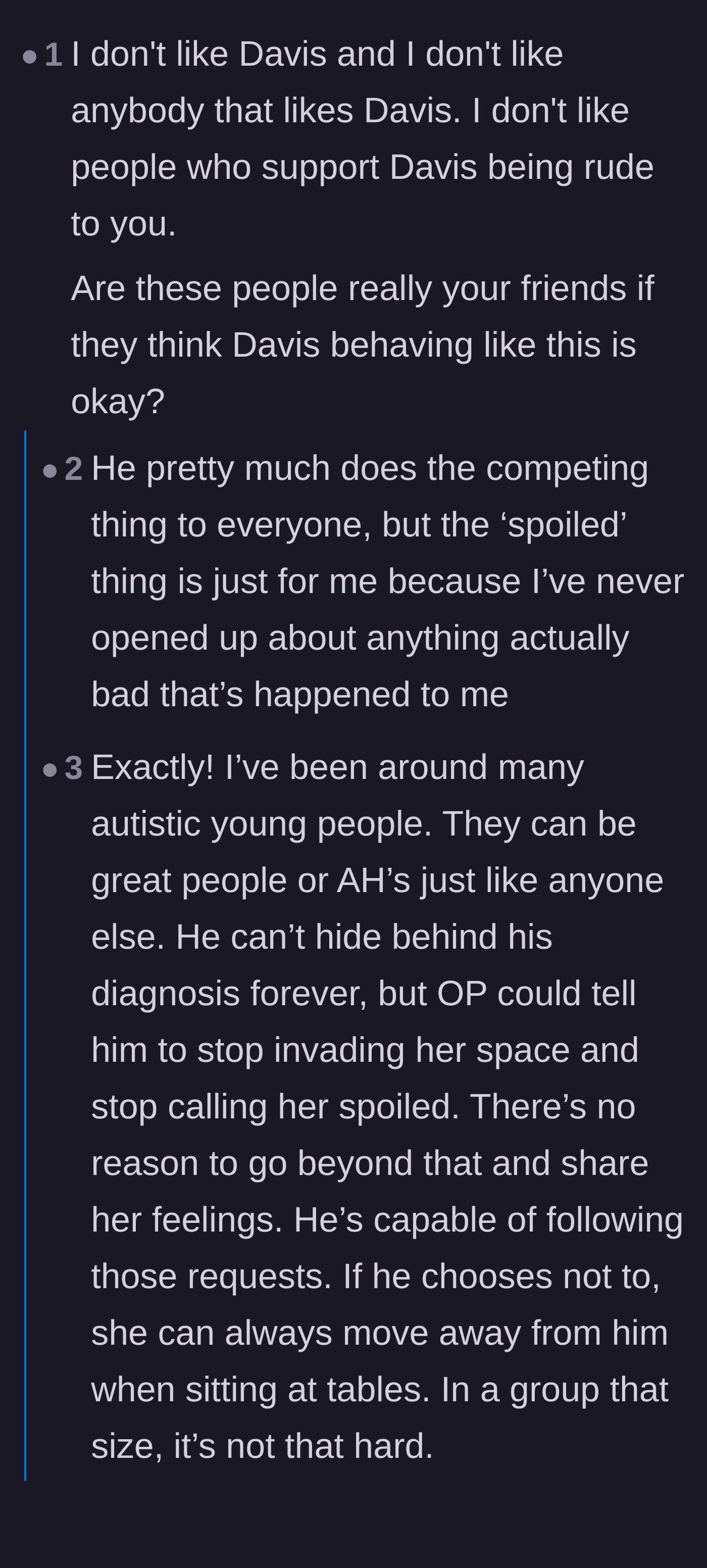 Comment thread 1 - Autistic commenters explain the difference between trying to relate to a story and weaponizing a diagnosis to be a jerk.
