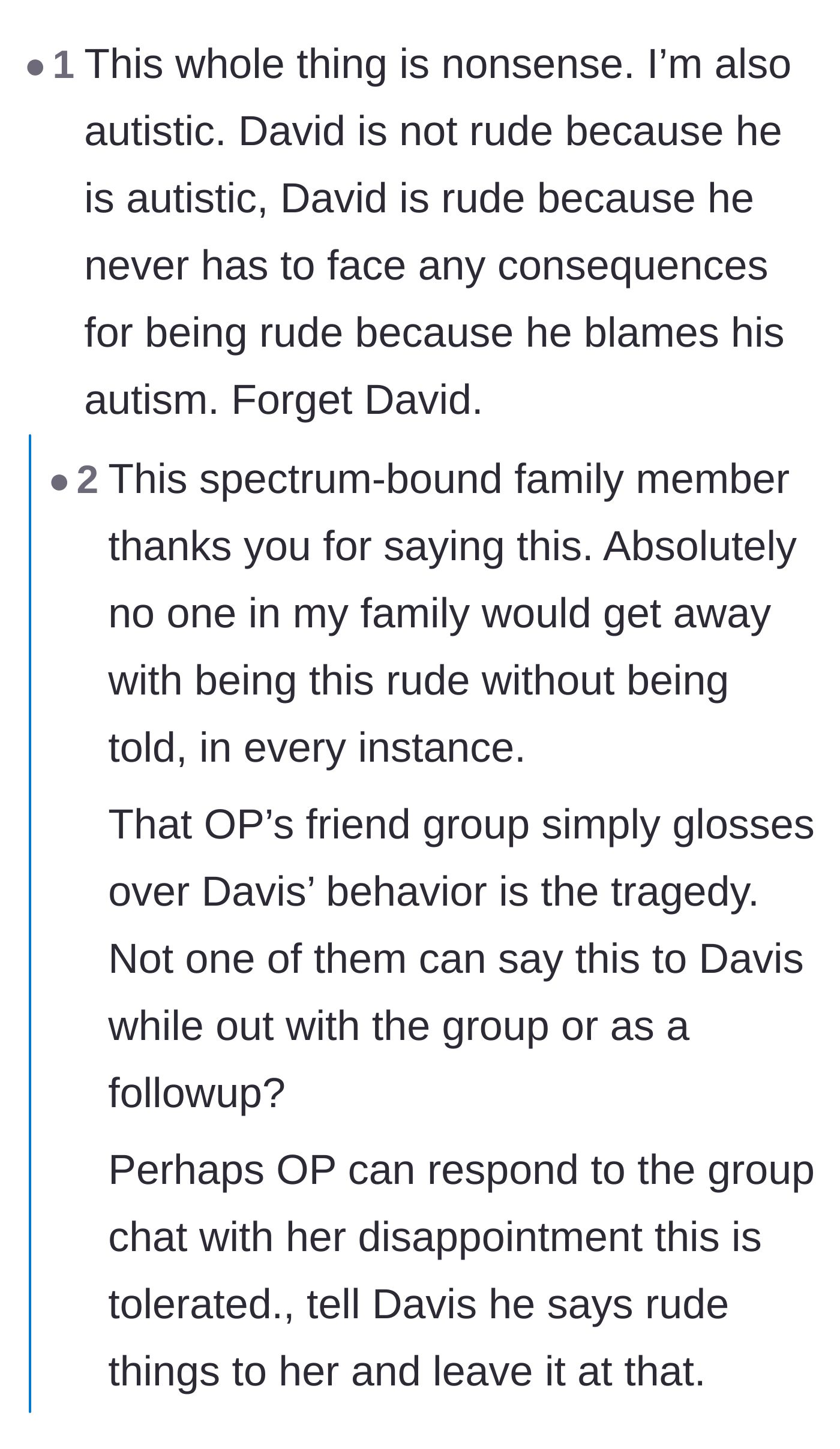 Comment thread 2 - Readers discuss how the friend group is actively complicit for refusing to hold Davis accountable.