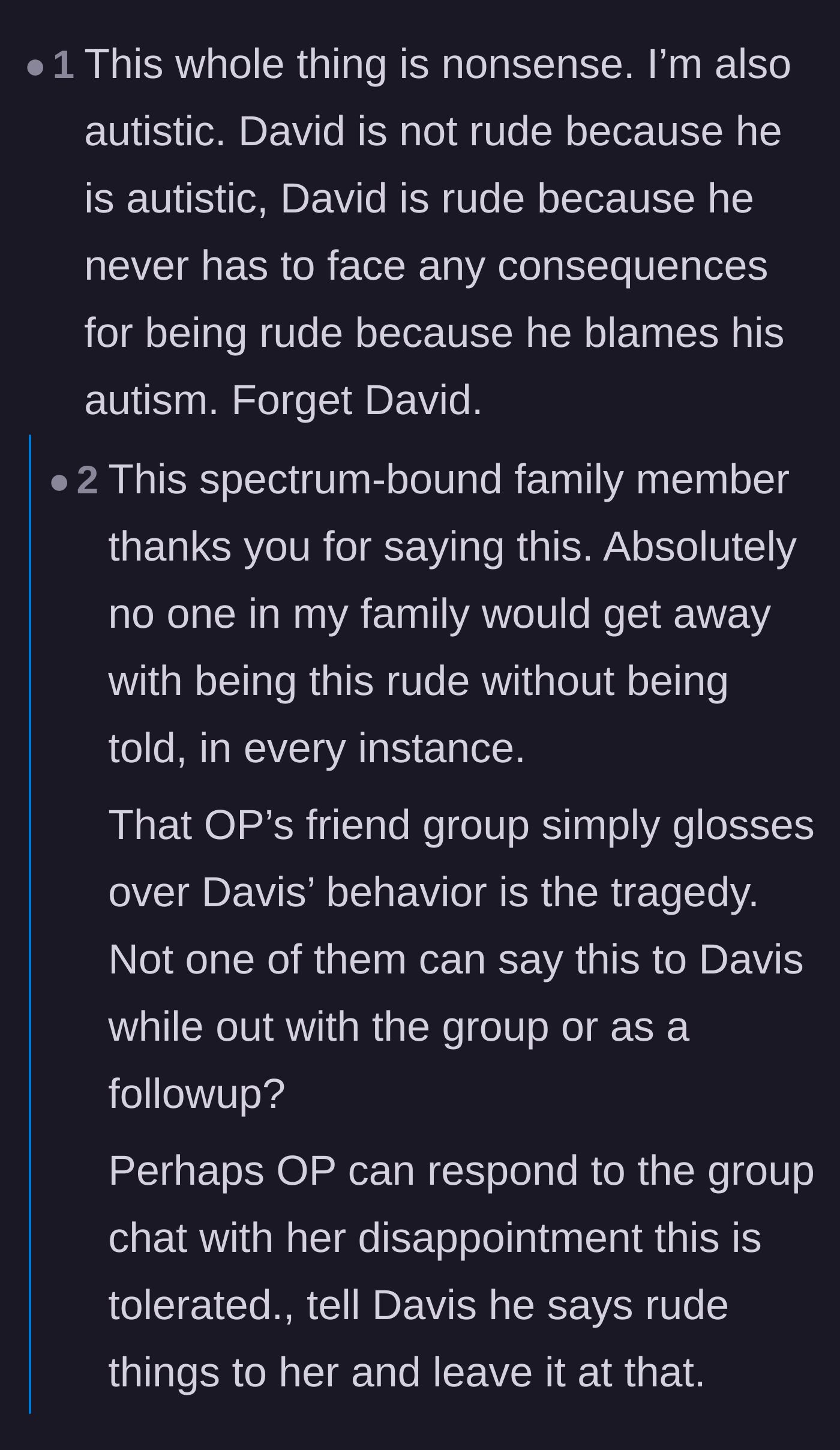 Comment thread 2 - Readers discuss how the friend group is actively complicit for refusing to hold Davis accountable.