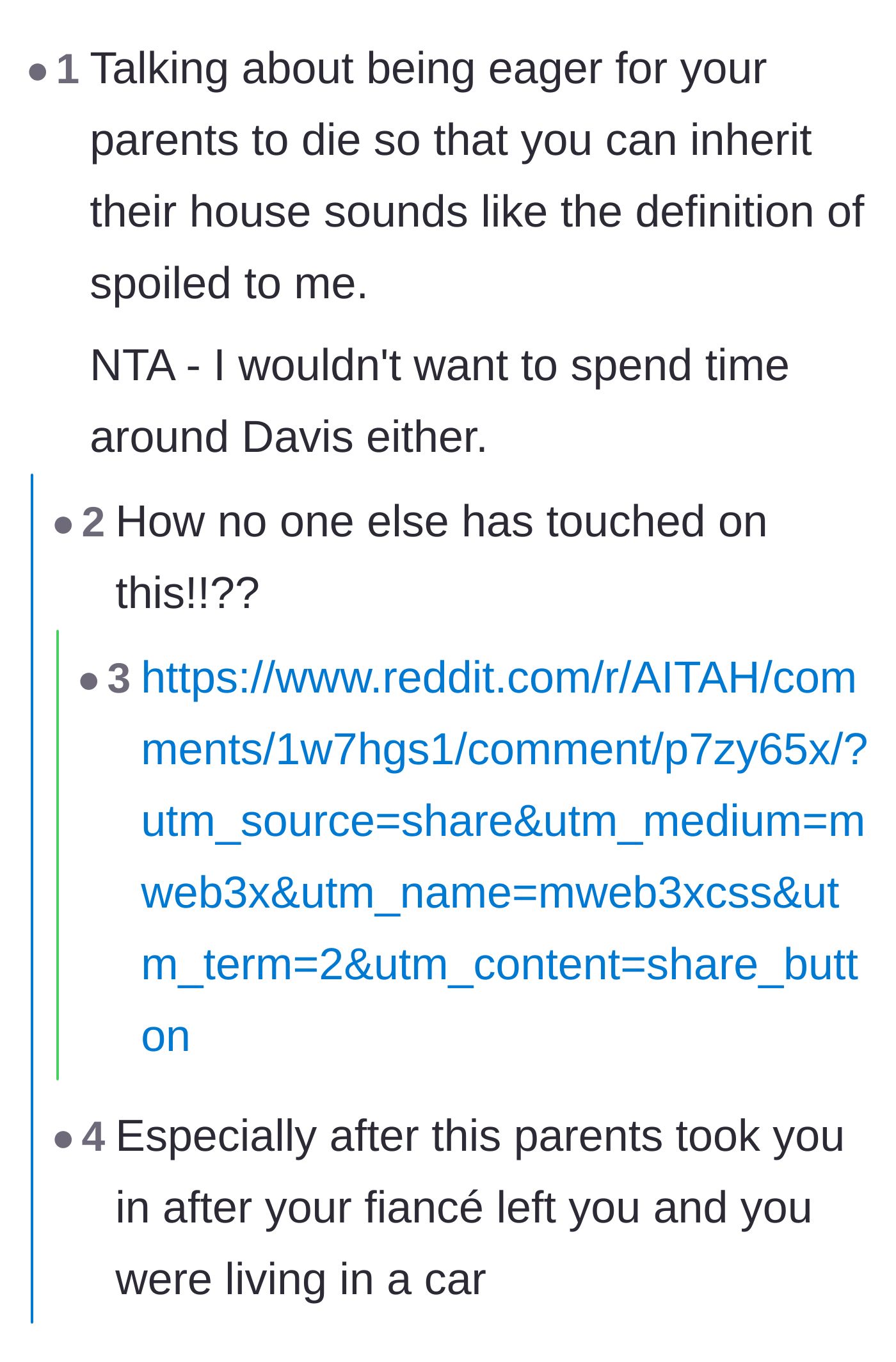 Comment thread 4 - Commenters point out the massive hypocrisy of Davis calling someone else spoiled while he waits for an inheritance.