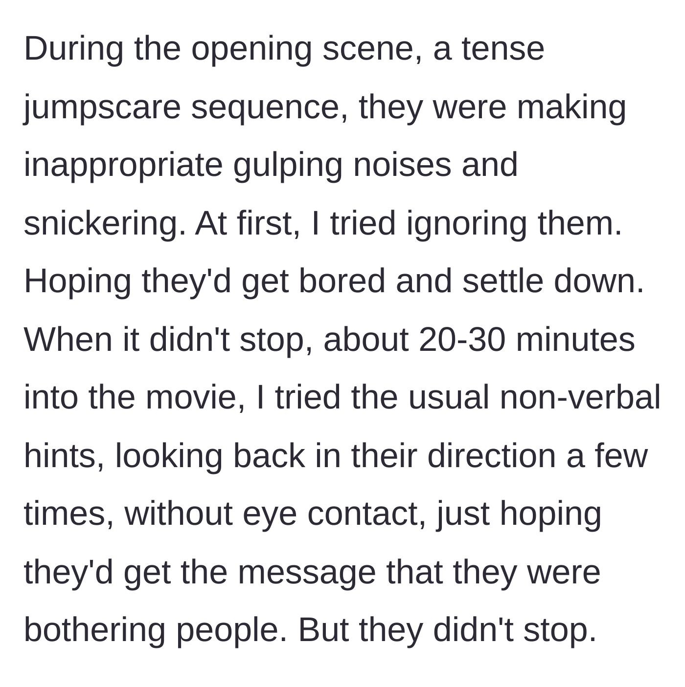 Story part 2 - The main character attempting to use non-verbal cues to quiet the teenagers during a tense jumpscare scene.
