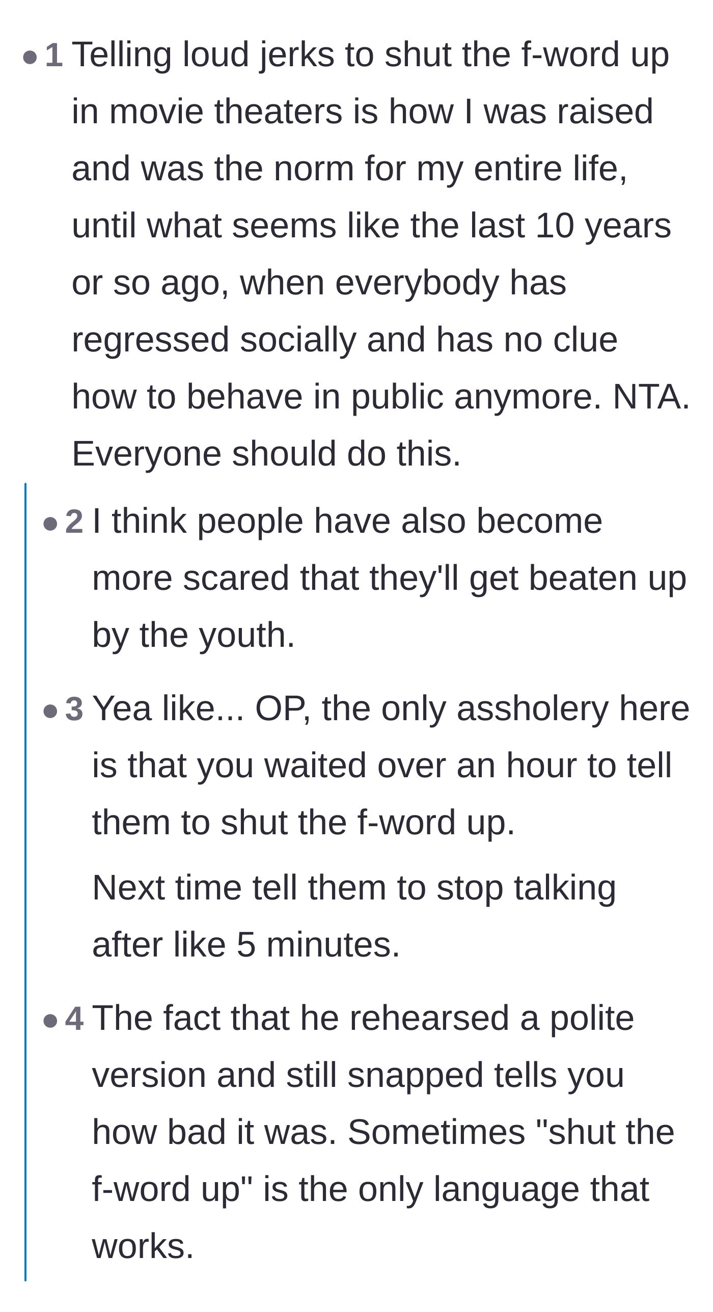 Comment thread 1 - A debate on the regression of social norms and whether people are too afraid of teenagers to intervene in public spaces.