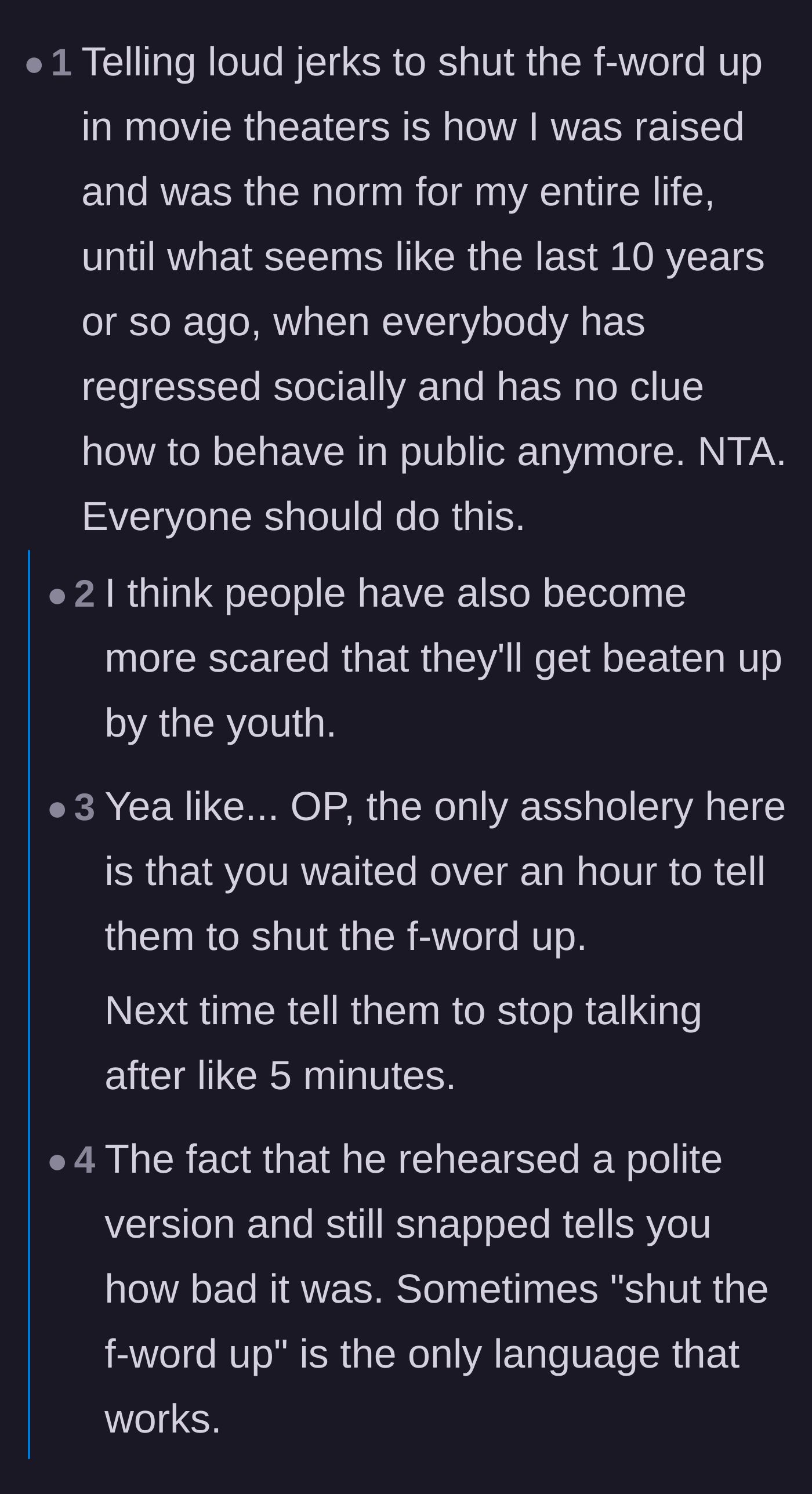 Comment thread 1 - A debate on the regression of social norms and whether people are too afraid of teenagers to intervene in public spaces.