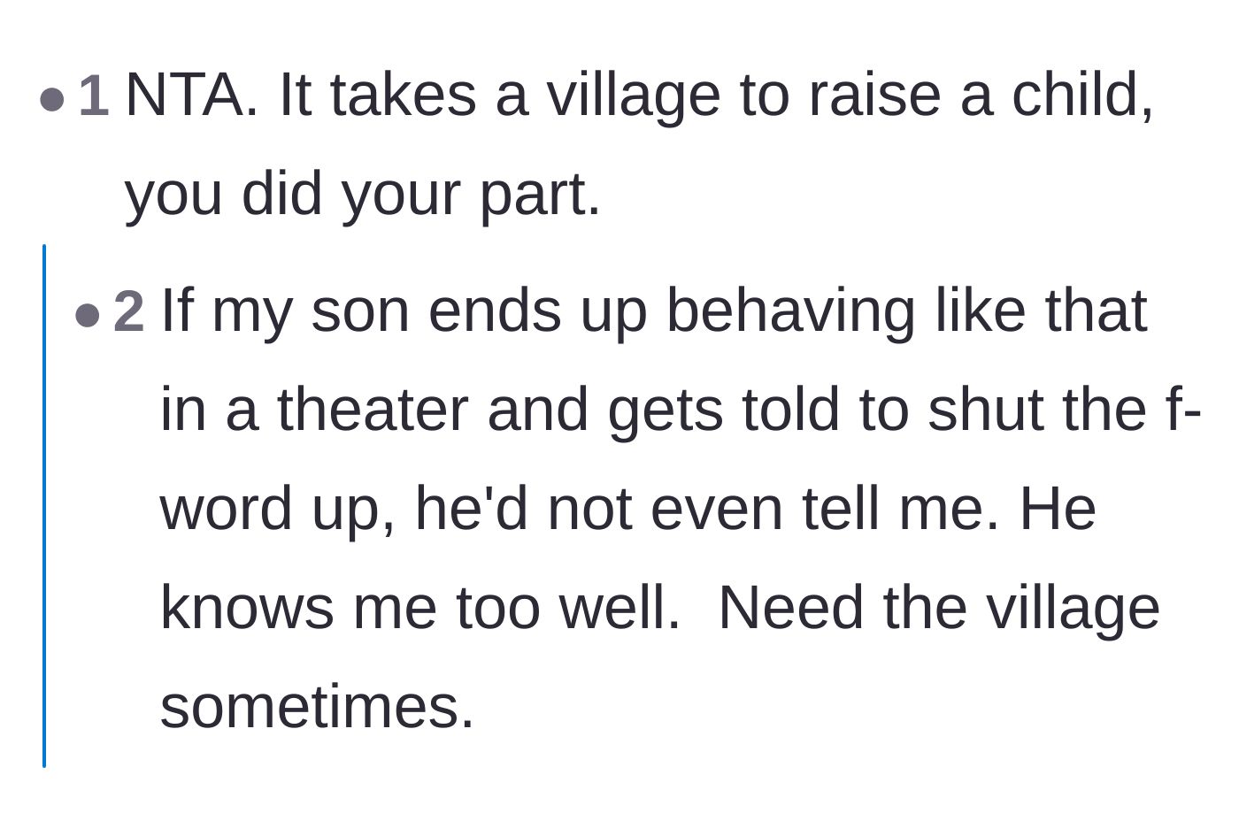 Comment thread 4 - A commenter joking that snapping at the teenagers was just participating in the 'it takes a village' parenting model.