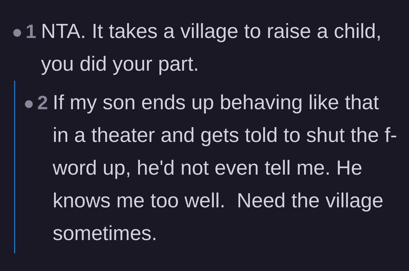 Comment thread 4 - A commenter joking that snapping at the teenagers was just participating in the 'it takes a village' parenting model.