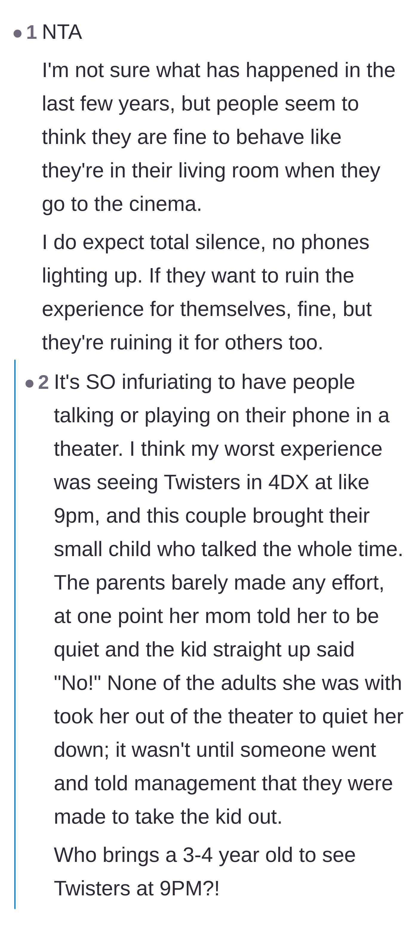 Comment thread 5 - A massive discussion venting about the rise of smartphone zombies and parents bringing toddlers to late-night movies.