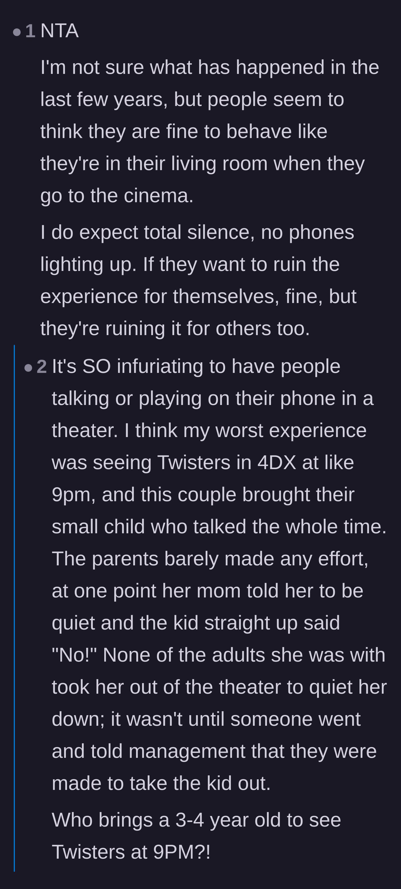 Comment thread 5 - A massive discussion venting about the rise of smartphone zombies and parents bringing toddlers to late-night movies.