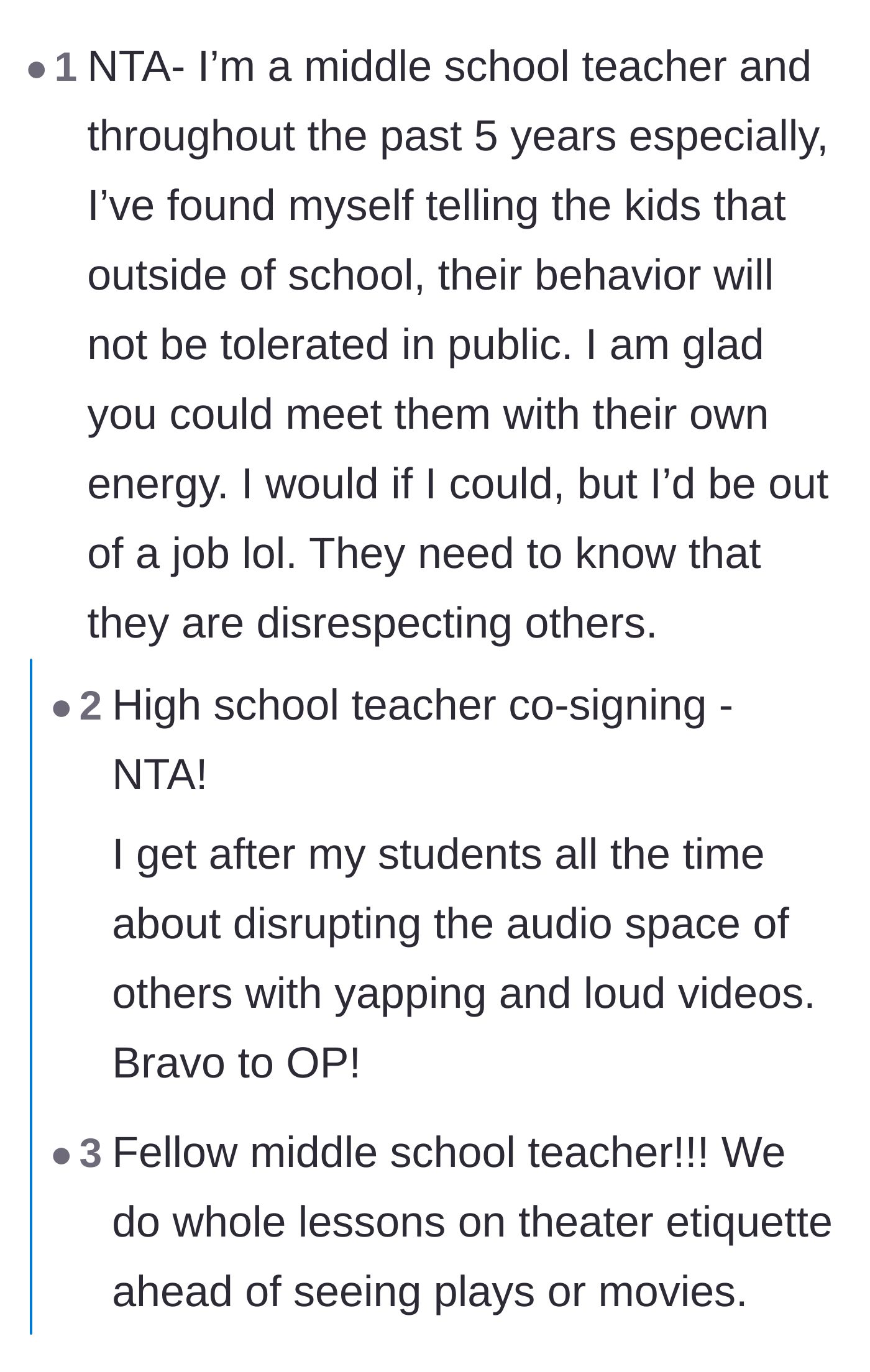Comment thread 6 - Middle and high school teachers thanking the main character for giving the teens a harsh reality check.
