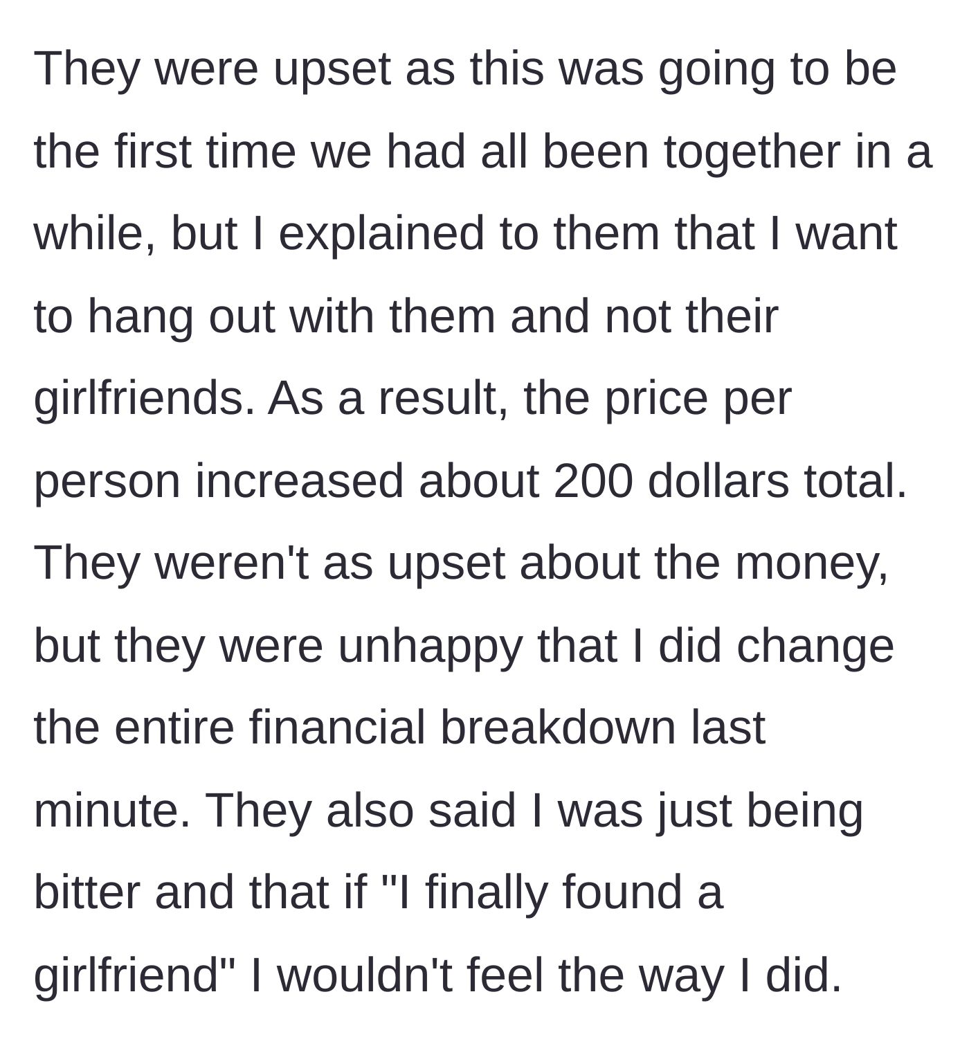 Story part 7 - Friends react badly to the cancellation and the price bump.
