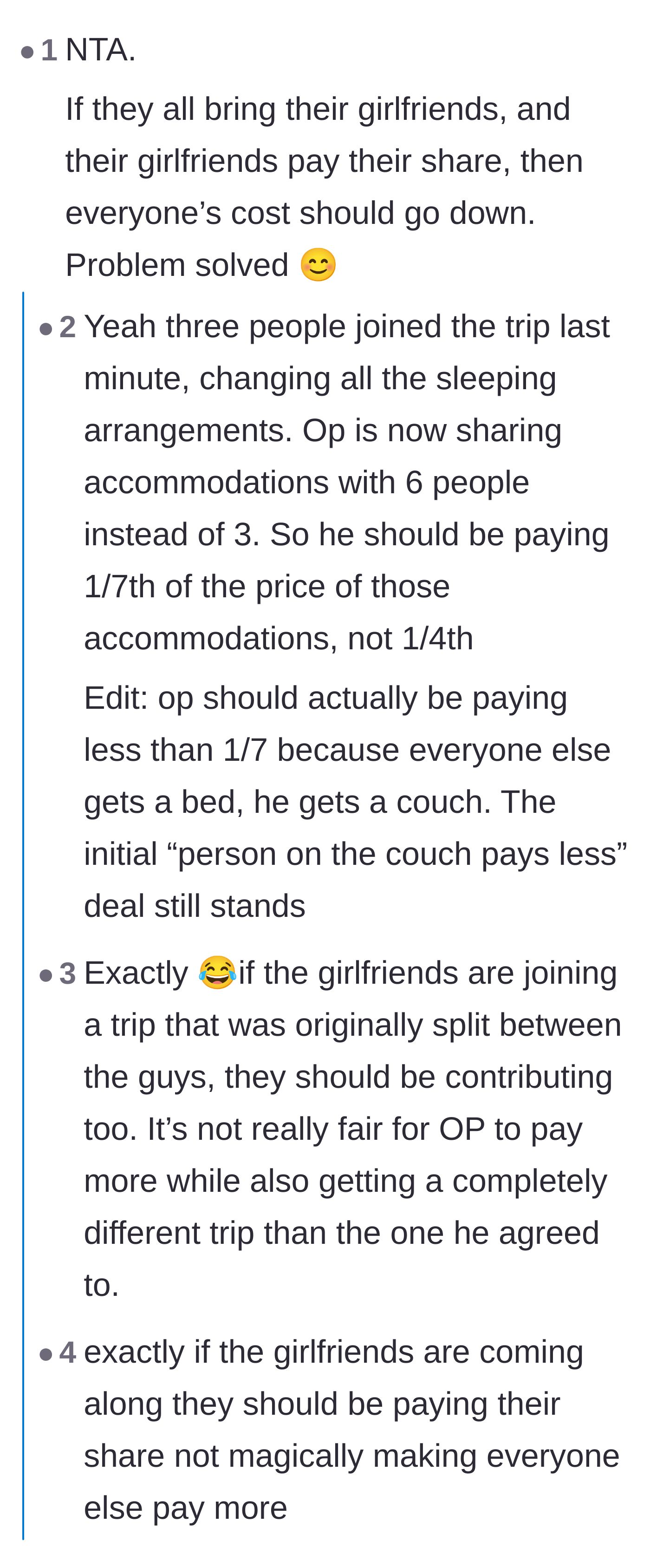 Comment thread 1 - Readers dissect the unfair cost splitting and advise the friends to learn how to exist outside their romantic relationships.