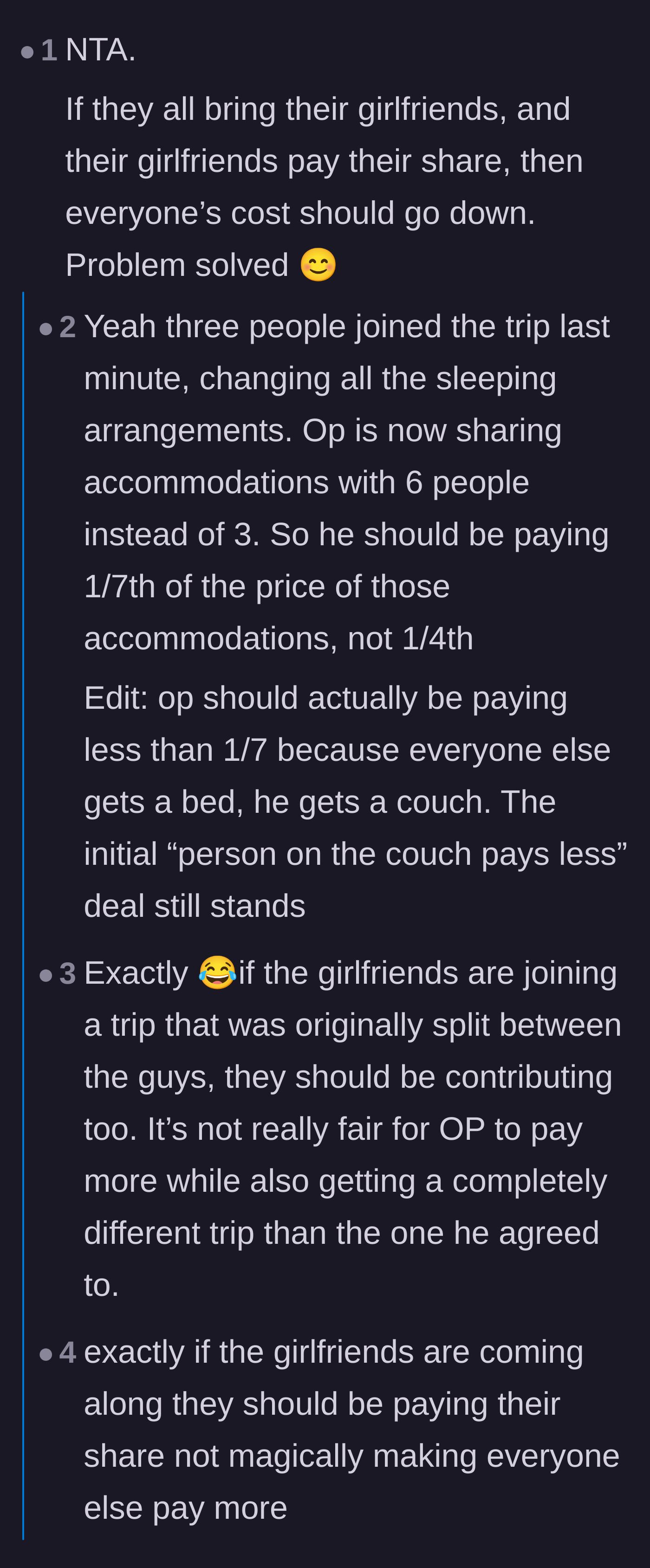 Comment thread 1 - Readers dissect the unfair cost splitting and advise the friends to learn how to exist outside their romantic relationships.
