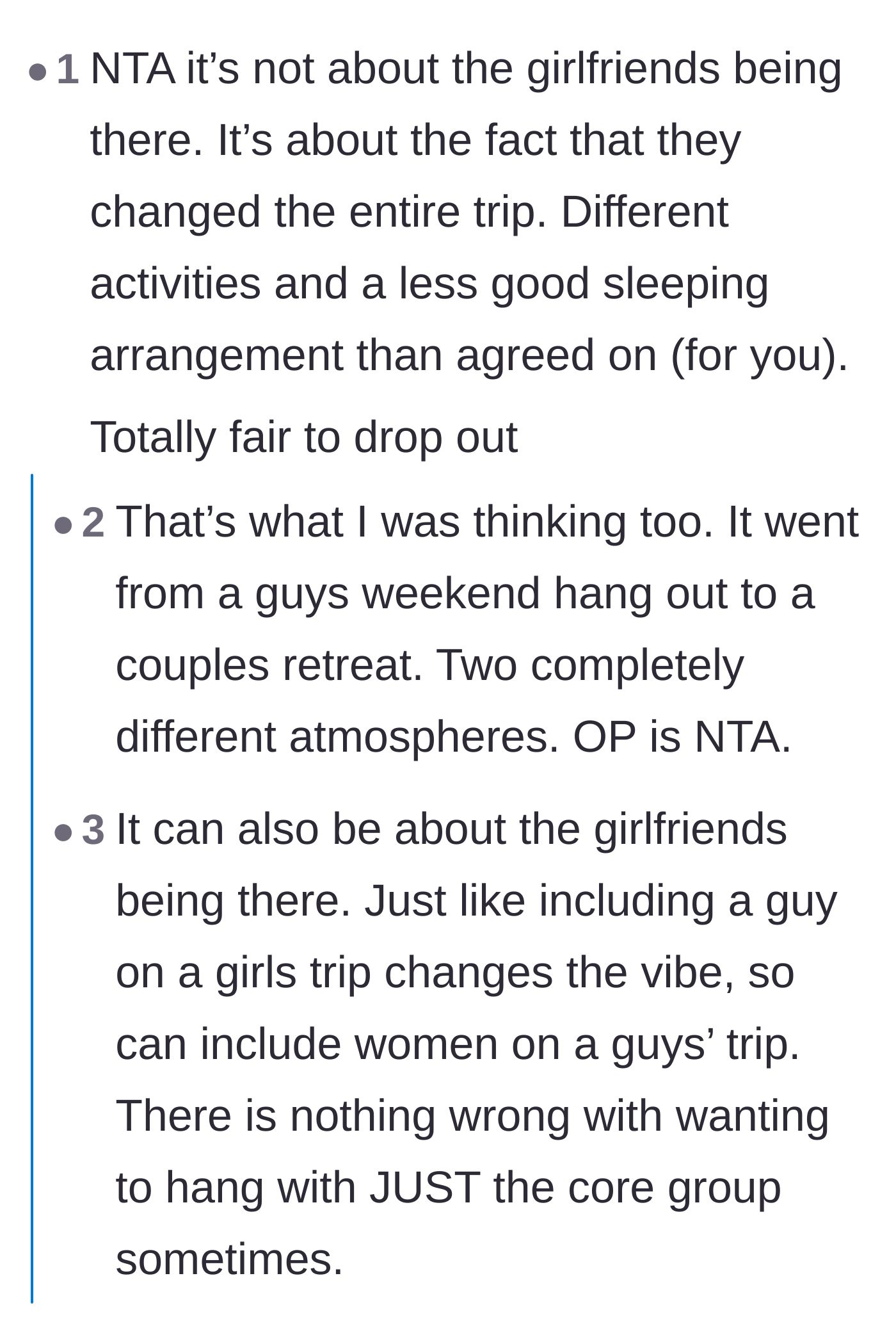 Comment thread 5 - Debate on how the completely different atmosphere and vibe shift justifies canceling the trip.