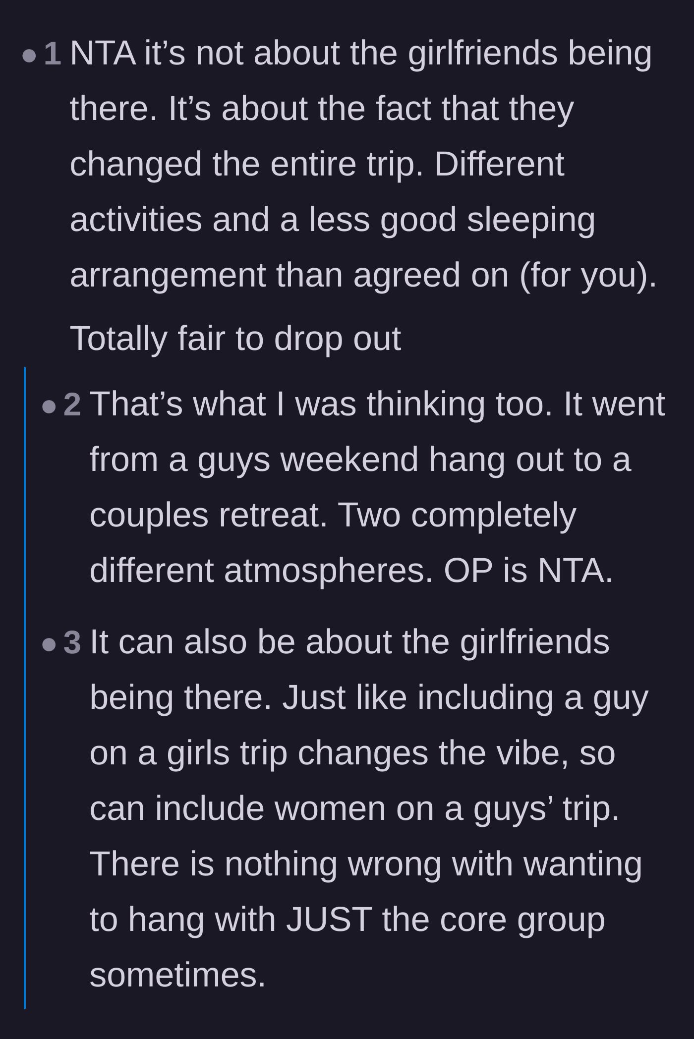 Comment thread 5 - Debate on how the completely different atmosphere and vibe shift justifies canceling the trip.
