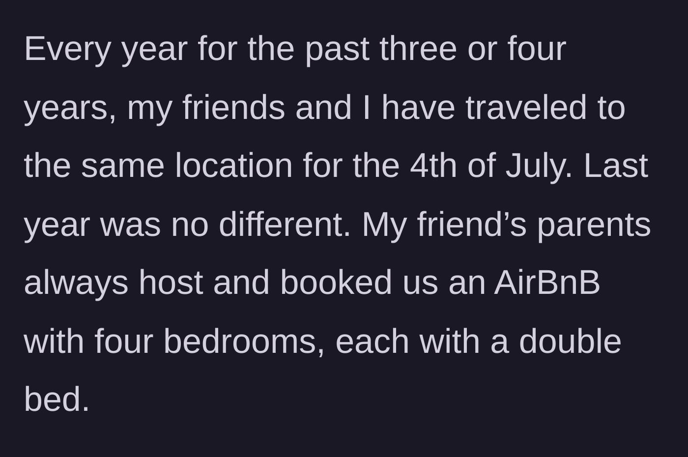 Story part 1 - Background on the annual 4th of July trip and the four-bedroom Airbnb booked by the friend's parents.