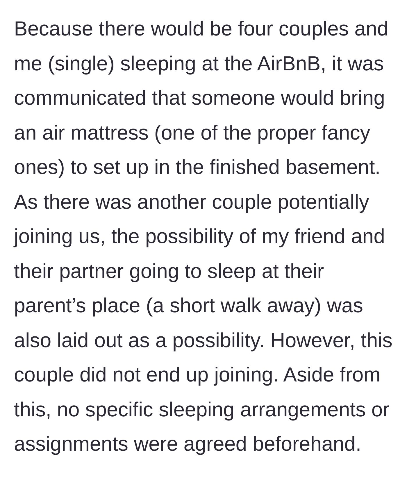 Story part 2 - The chaotic pre-trip planning involving a basement air mattress and potential backup plans at the parents' house.