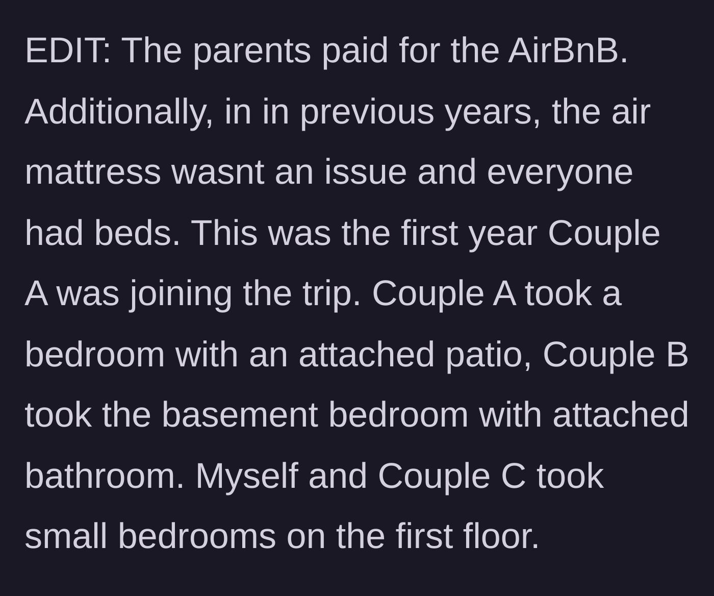 Story part 6 - Final edits explaining the parents paid, past years' setups, and the specific bedroom distribution.