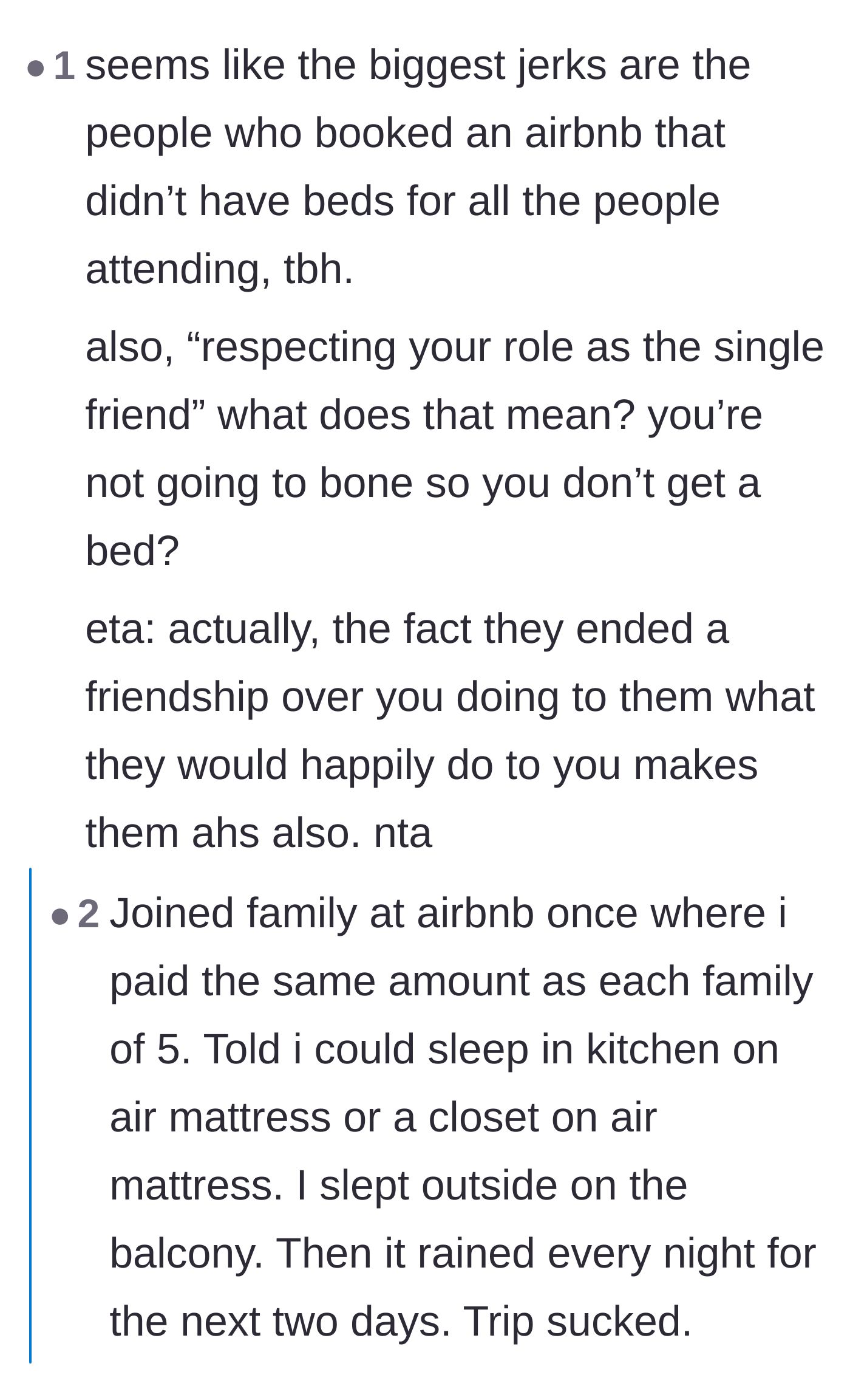 Comment thread 1 - Readers sharing horrific Airbnb sleeping arrangements and the insulting 'single friend' tax.