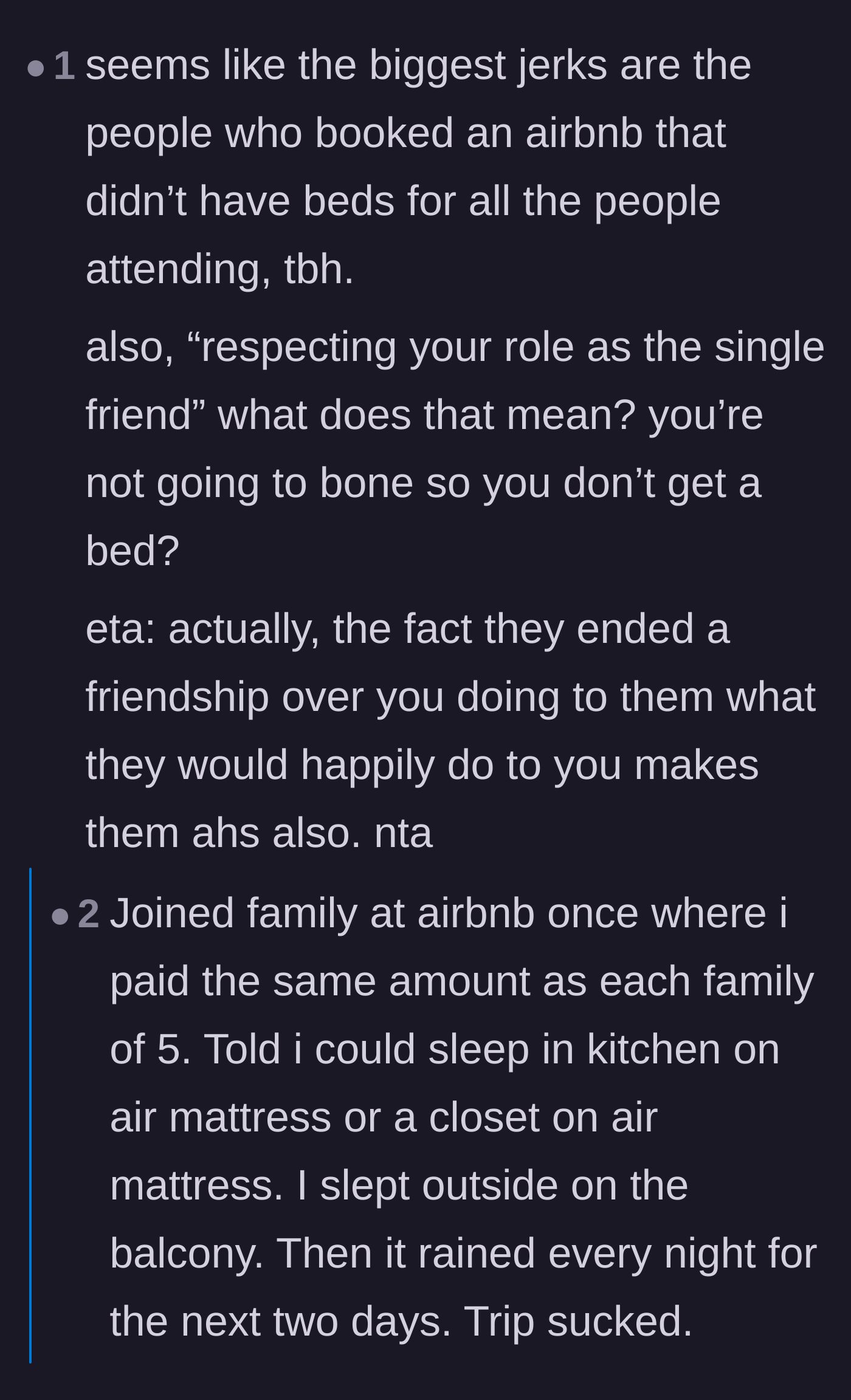 Comment thread 1 - Readers sharing horrific Airbnb sleeping arrangements and the insulting 'single friend' tax.