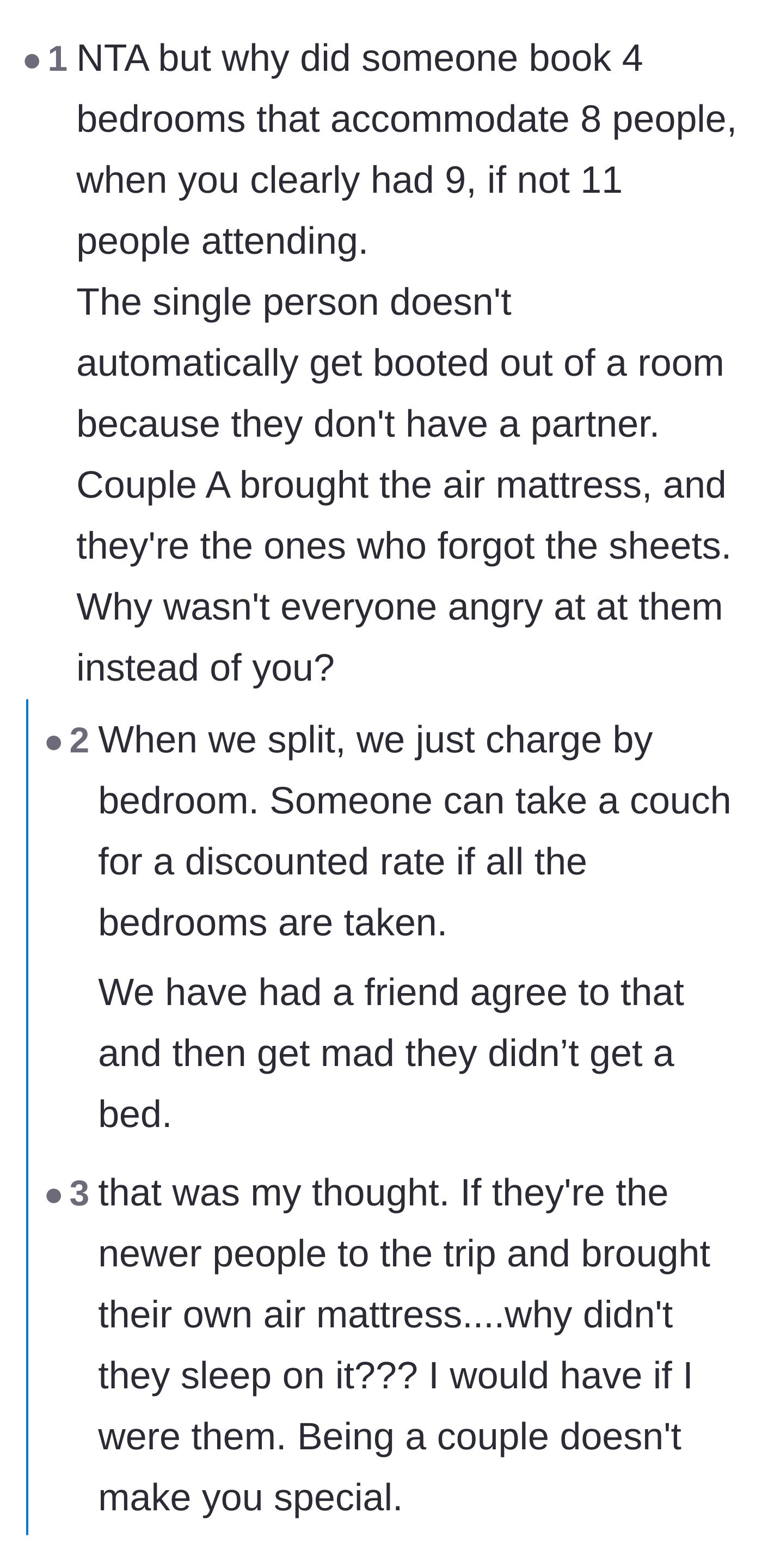 Comment thread 2 - Pointing out the disastrous math of booking four bedrooms for nine people and blaming the couple who forgot the sheets.